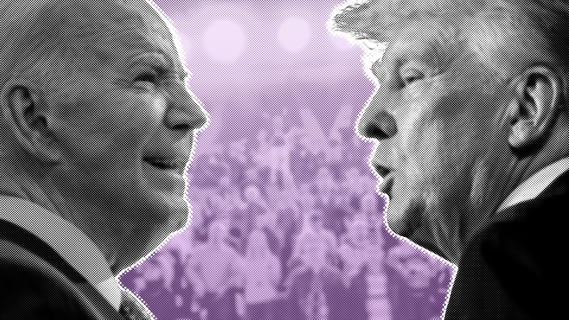 Photo illustration of President Joseph Biden and Donald Trump facing each other before an audience