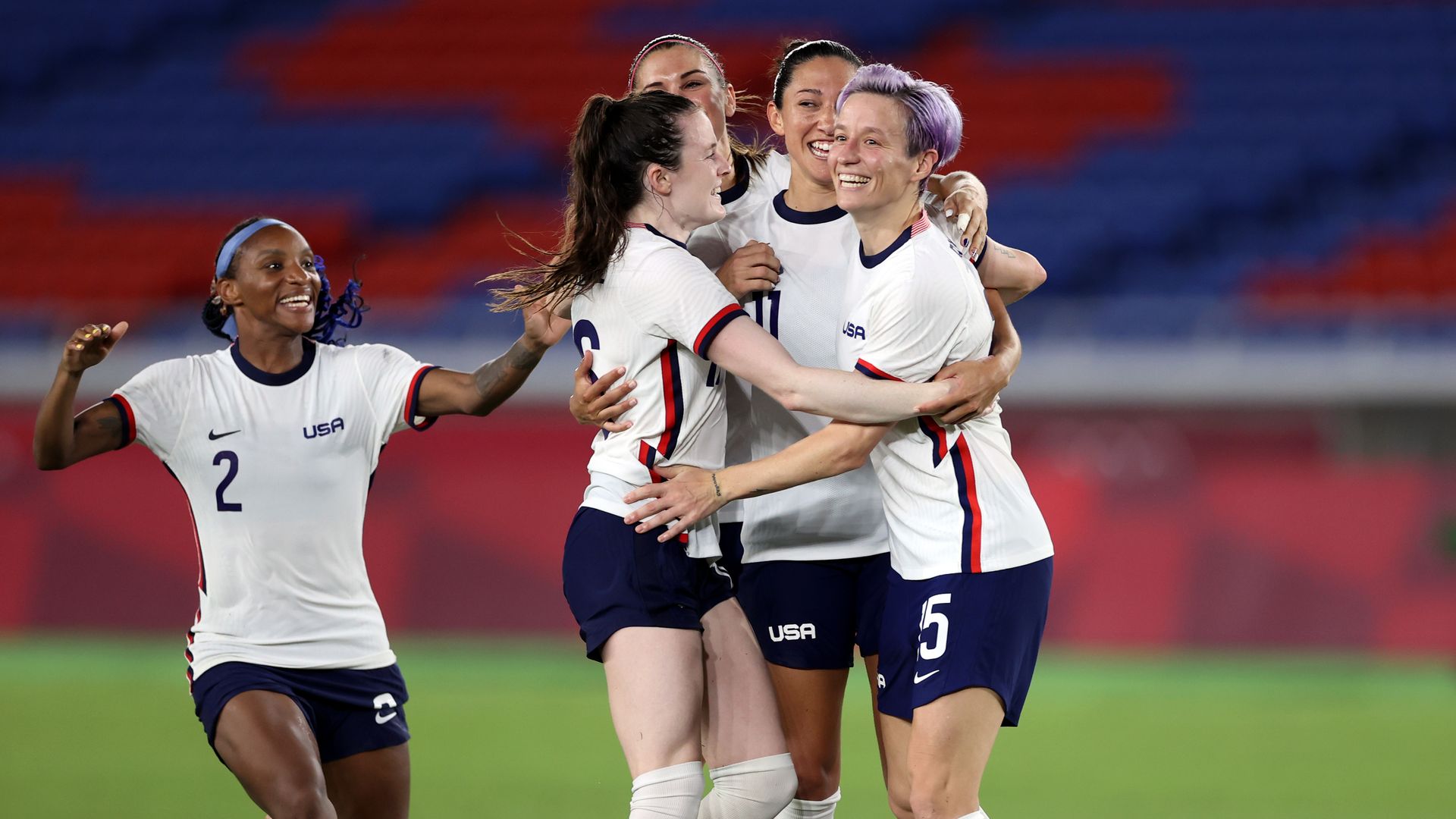 Image of the U.S. women's soccer team celebrating their victory after a penalty kick shootout.