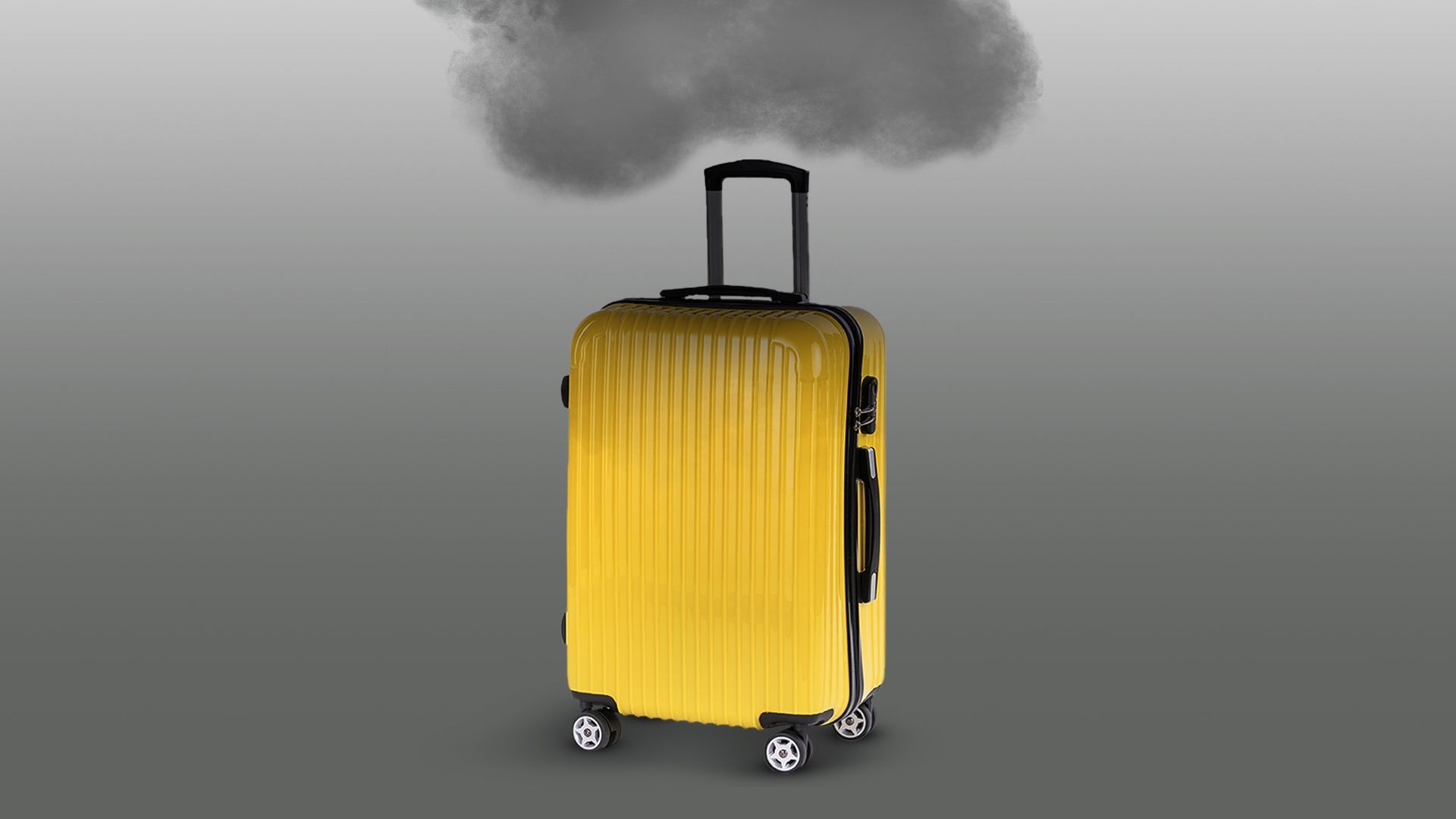 Illustration of a rolling suitcase with a dark cloud hovering above it