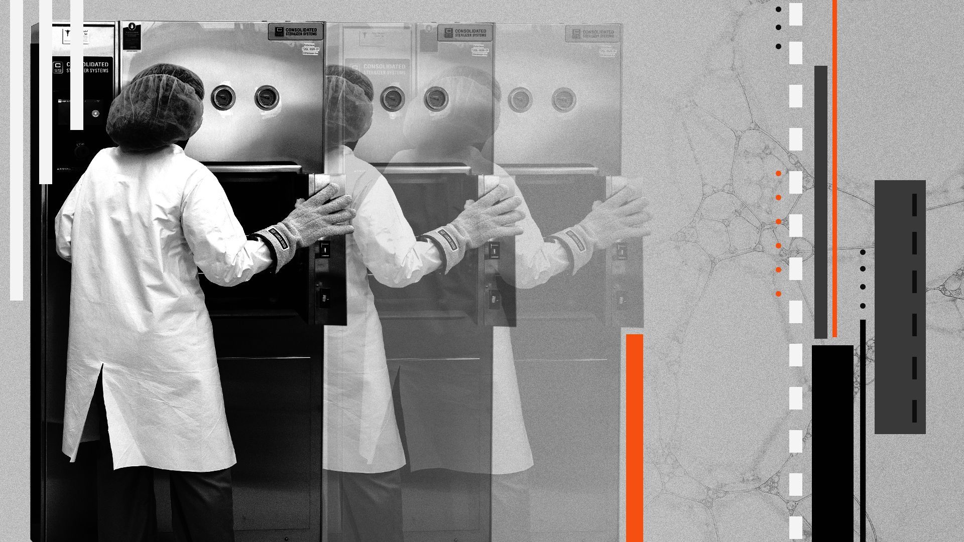 Photo illustration of a medical worker sterilizing equipment surrounded by abstract shapes. 