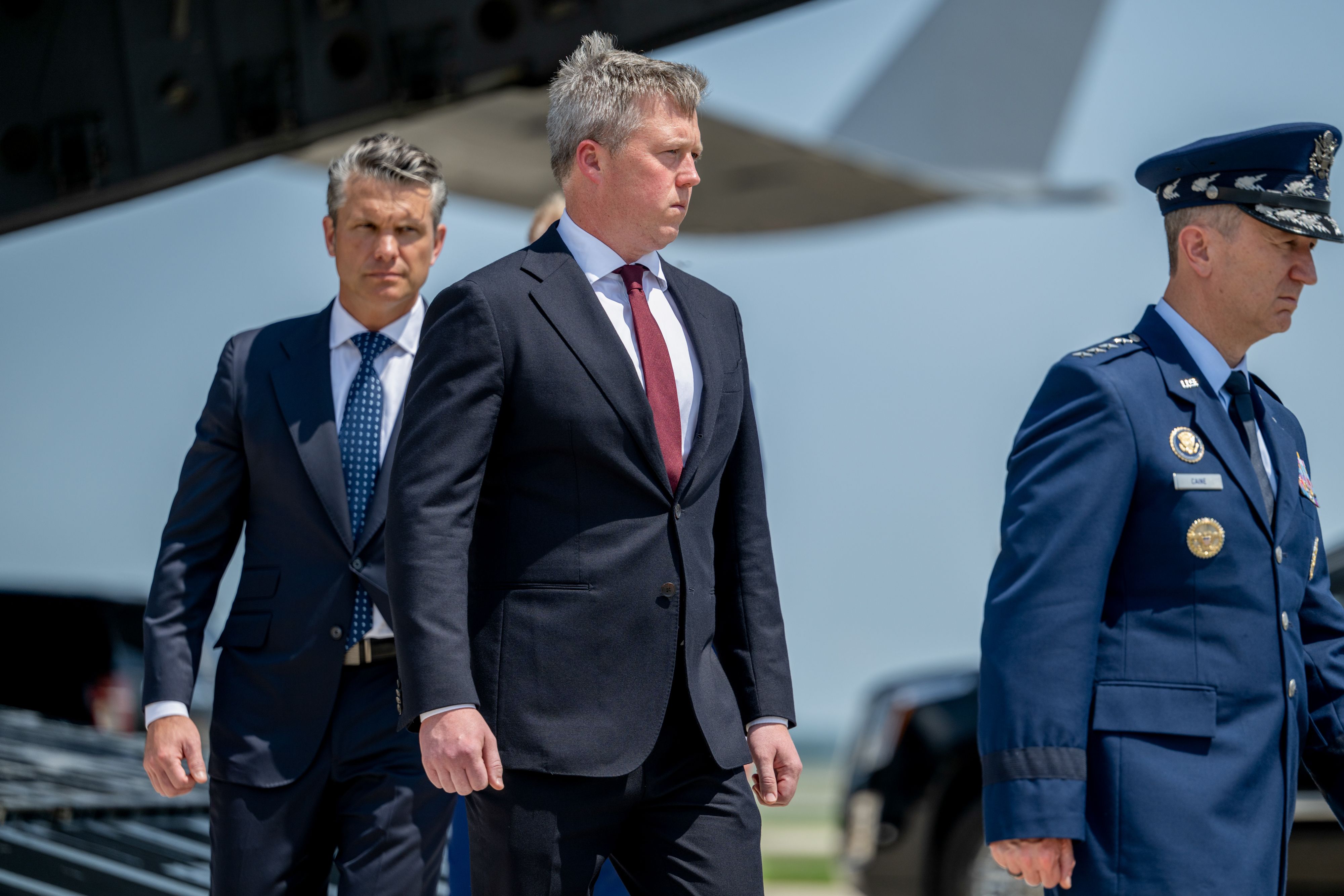 Outgoing Army Secretary Dan Driscoll (center) attends a dignified transfer ceremony at Dover Air Force Base in Delaware in July.