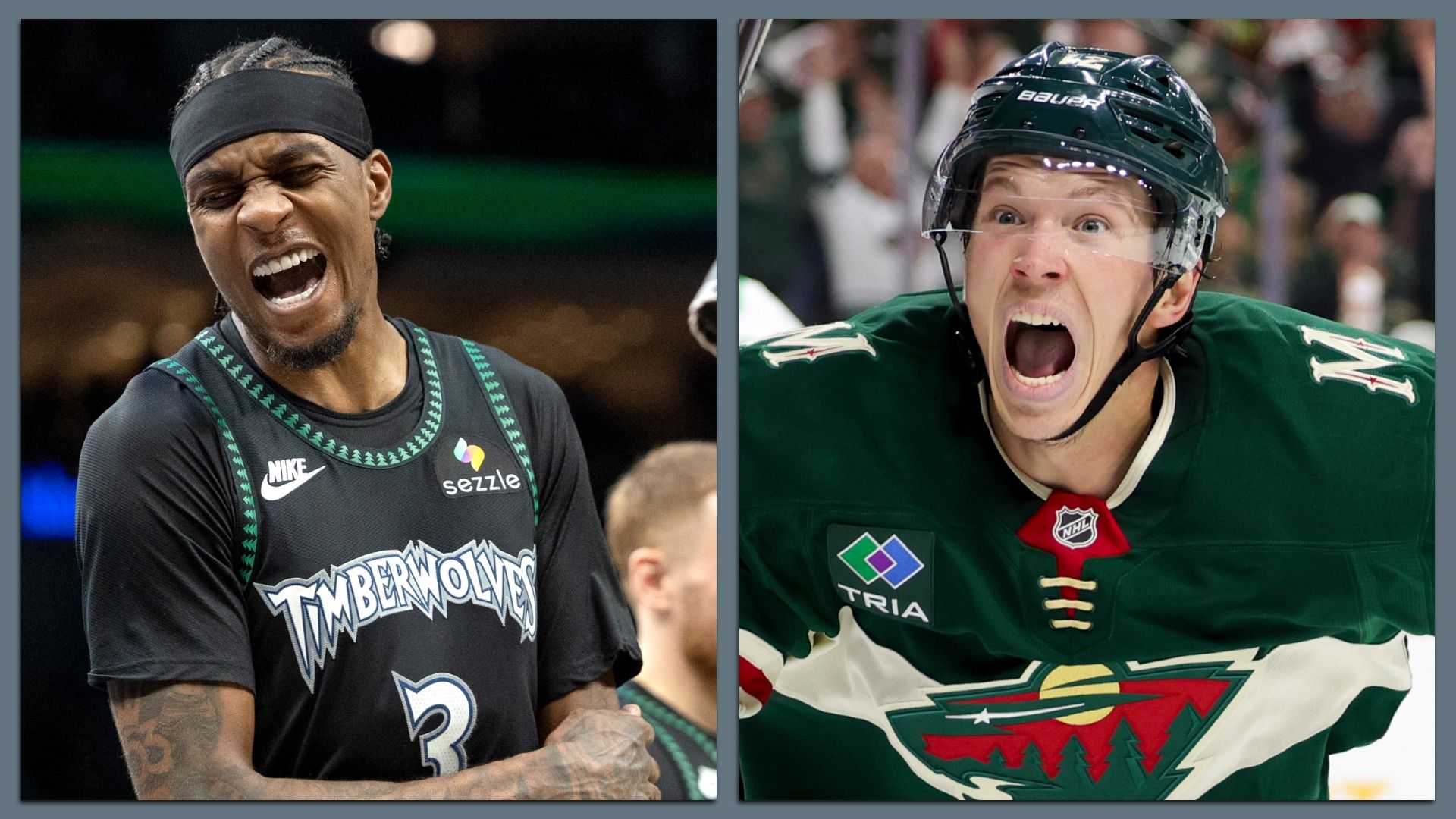 Split image of two athletes: left, Jaden McDaniels in a Timberwolves jersey with headband shouting. Right, Matt Boldy in a green Minnesota Wild hockey jersey with helmet, mouth open in a scream.