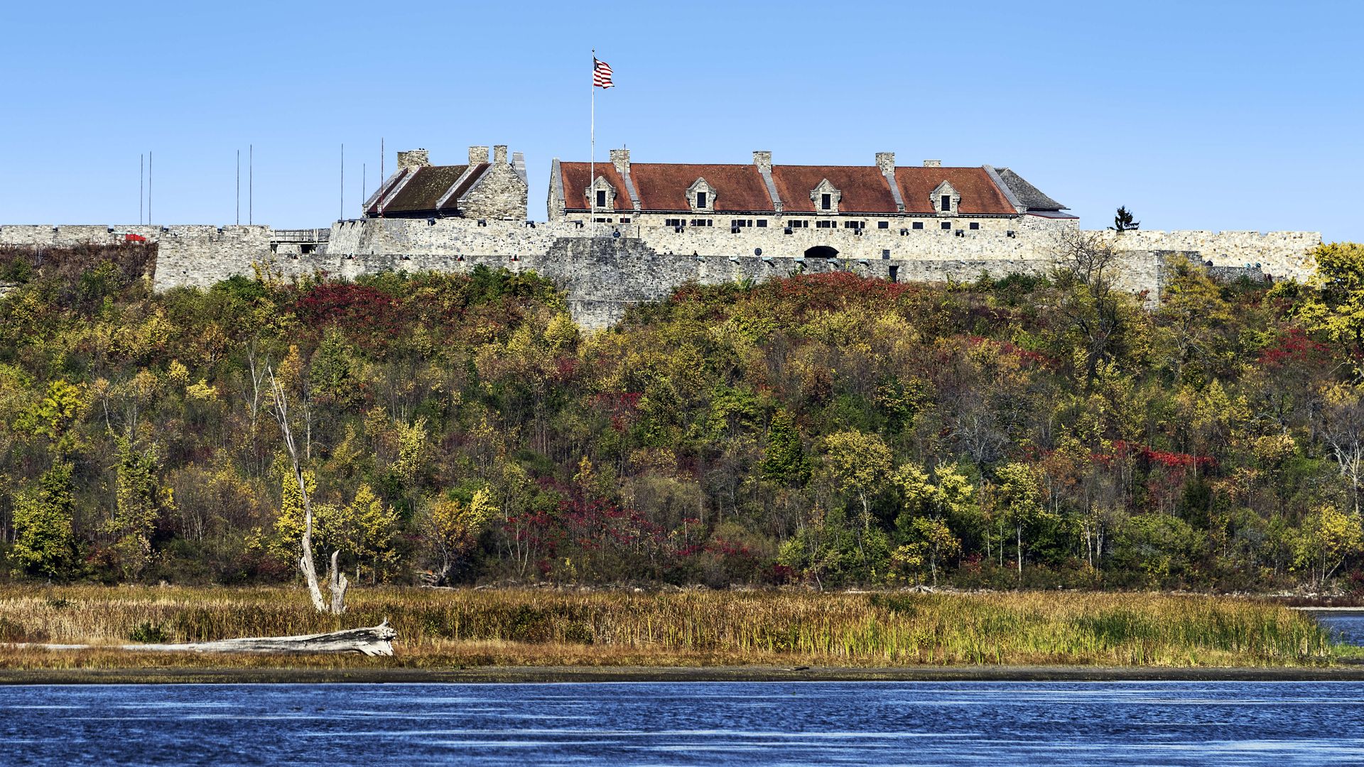 An image of the exterior of Fort Ticonderoga overlooking Lake Champlain in New York. 