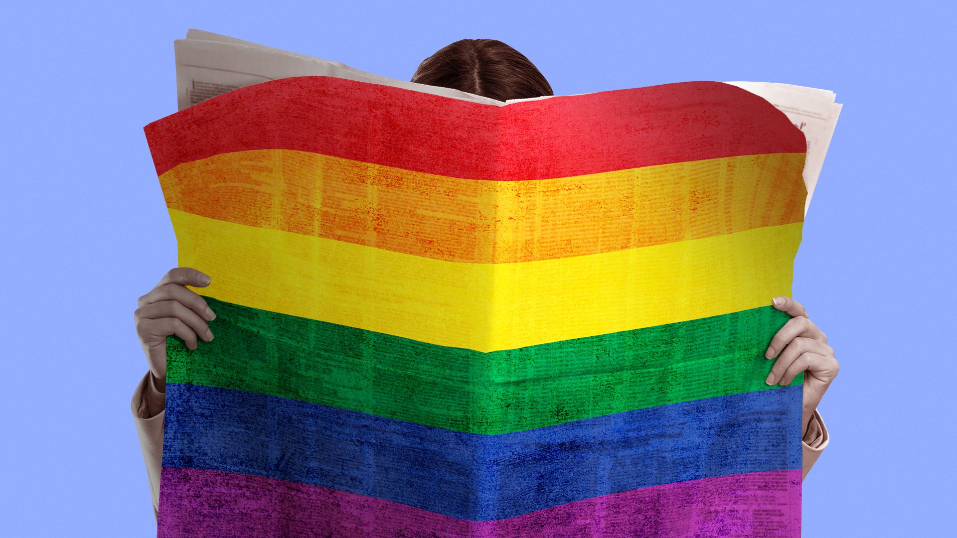Illustration of a person reading a print newspaper with the pride flag stripes