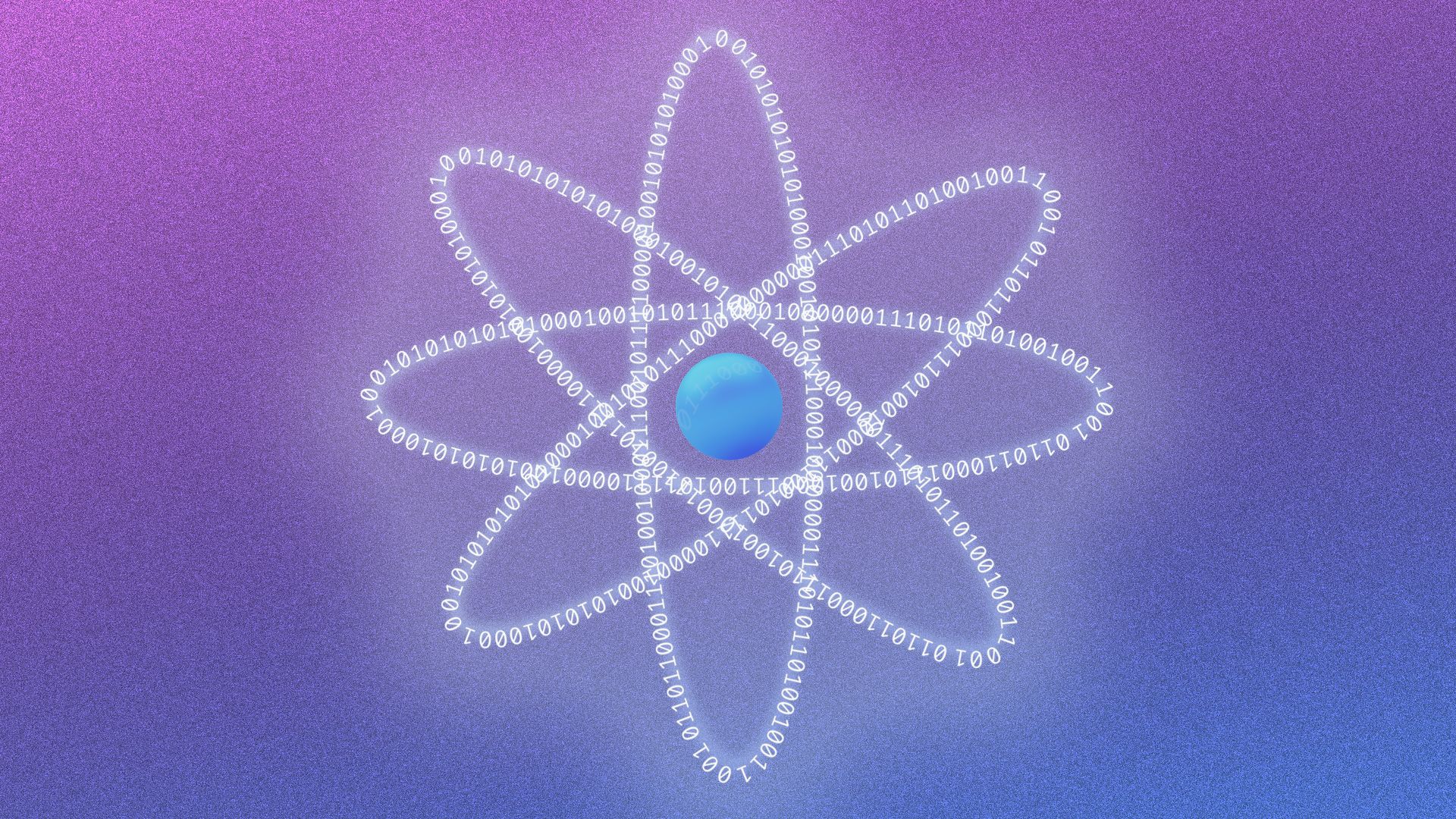 A blue orb is surrounded by binary strings, in the shape of an atom.