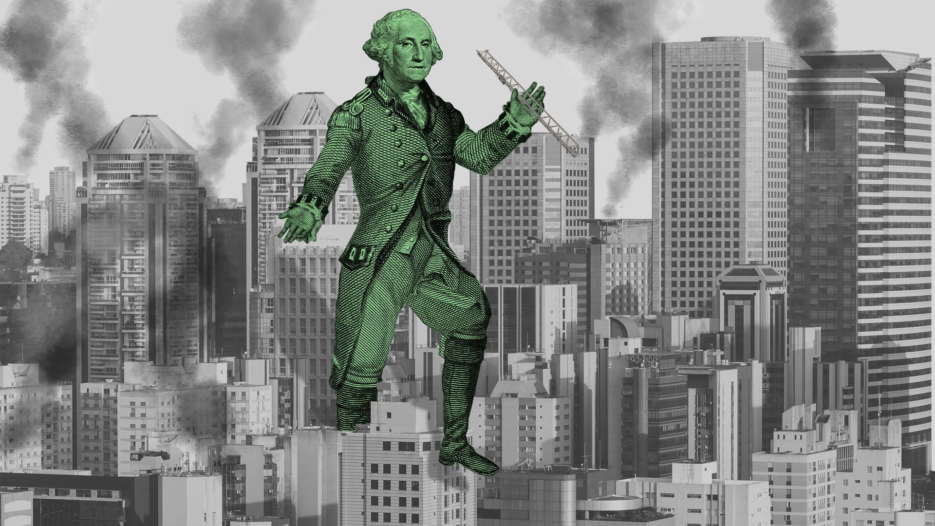 Illustration of giant George Washington stomping through a city