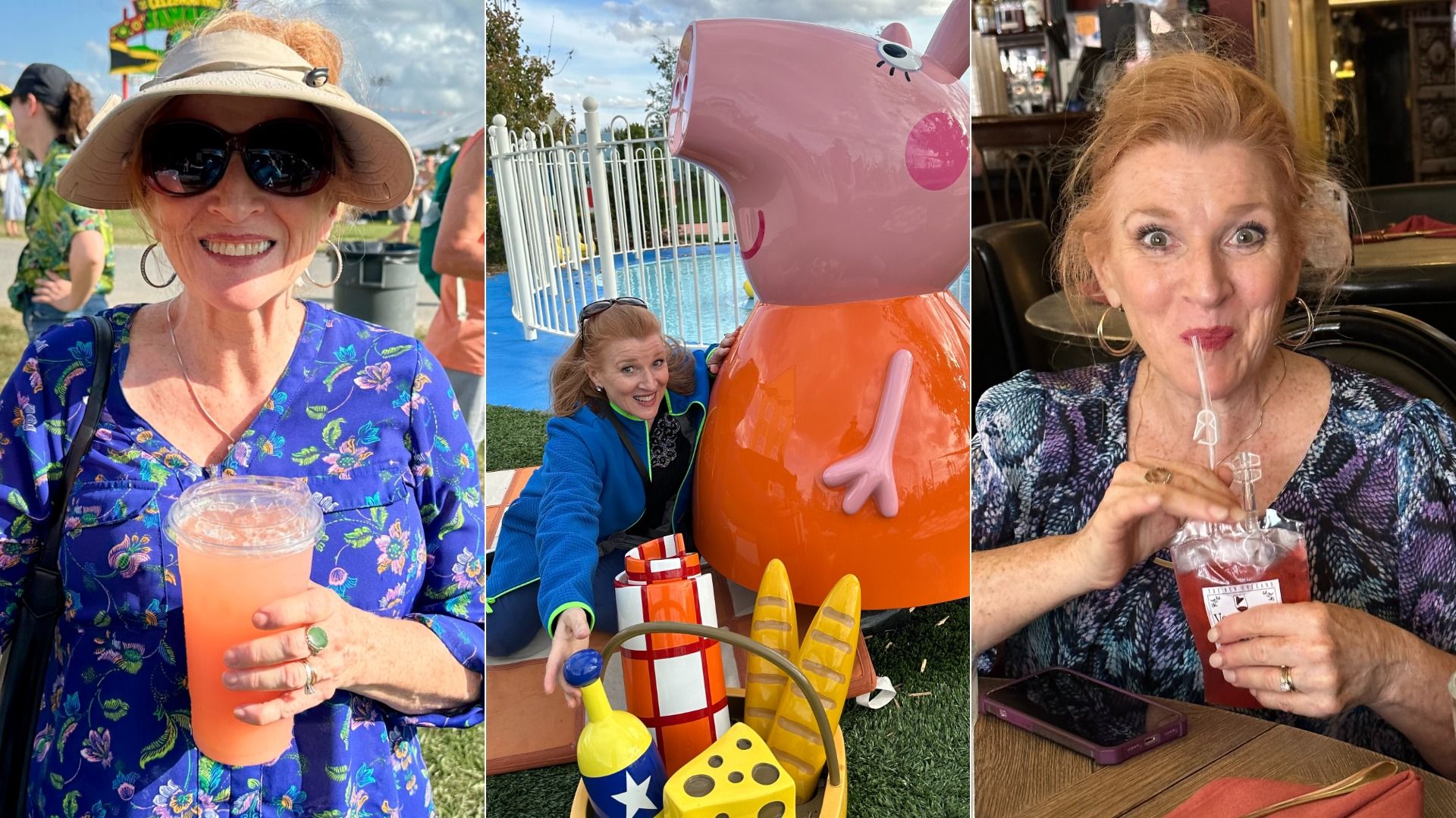 Triptych: left - woman in a sun hat and sunglasses with a pink drink; center - woman beside a large pink pig statue at a fair; right - woman with hoop earrings sipping a red drink through a straw.