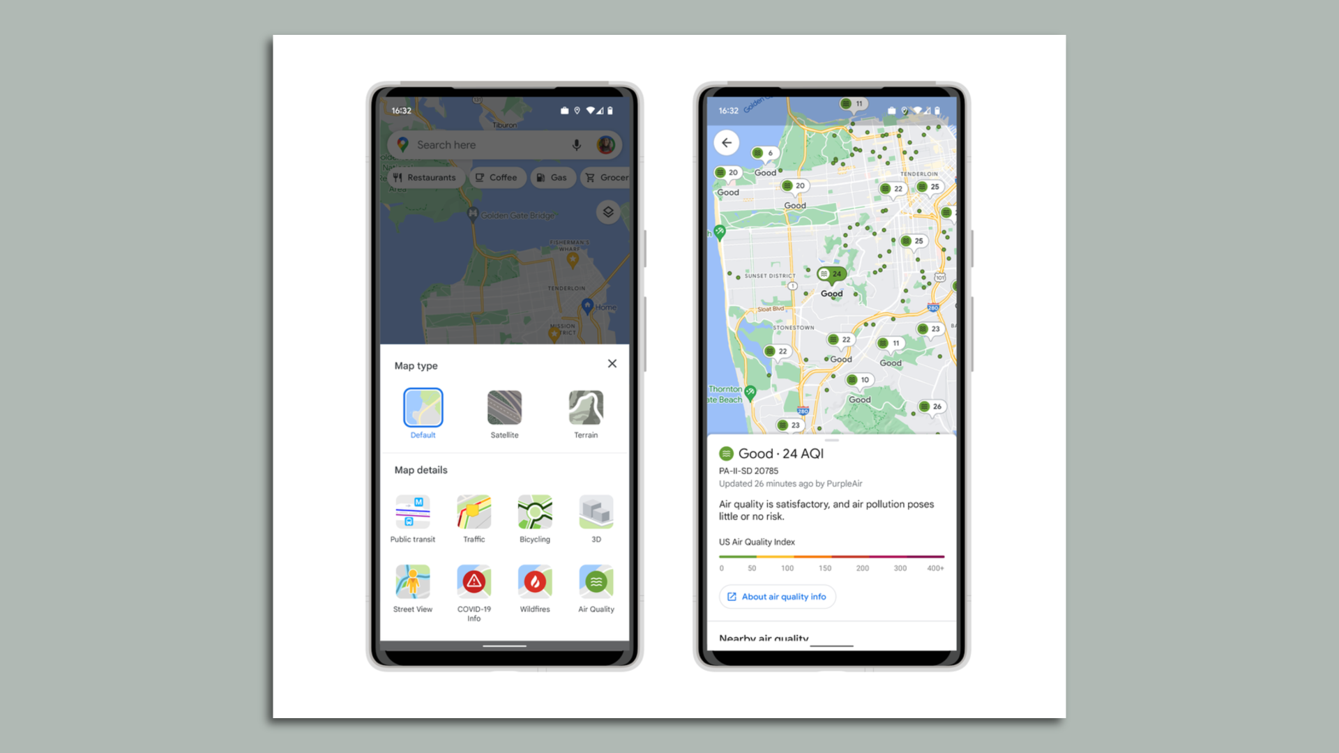 Google Maps' new air quality index feature.