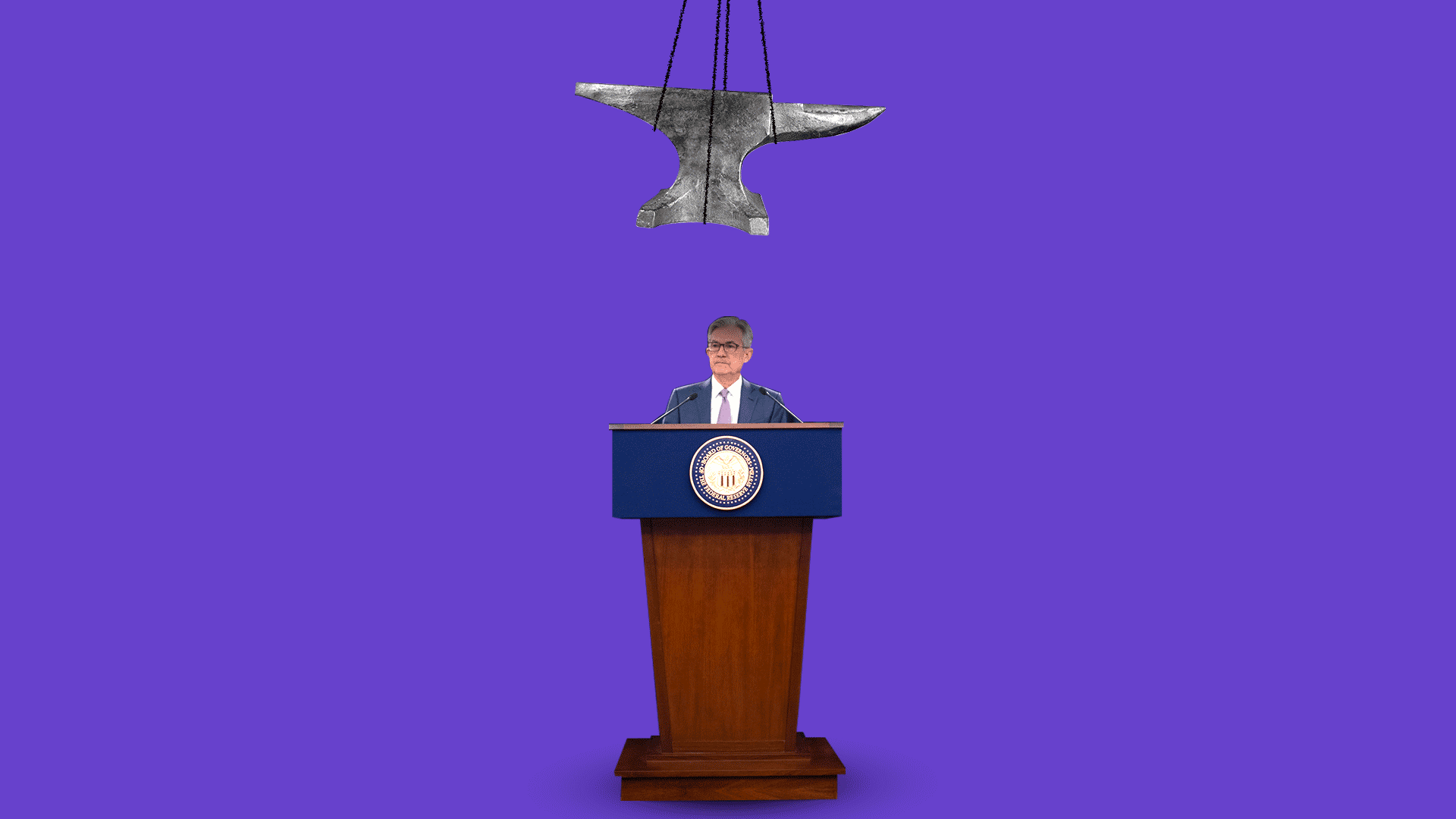 Illustration of Jerome Powell at a podium with an anvil swinging dangerously over his head. 