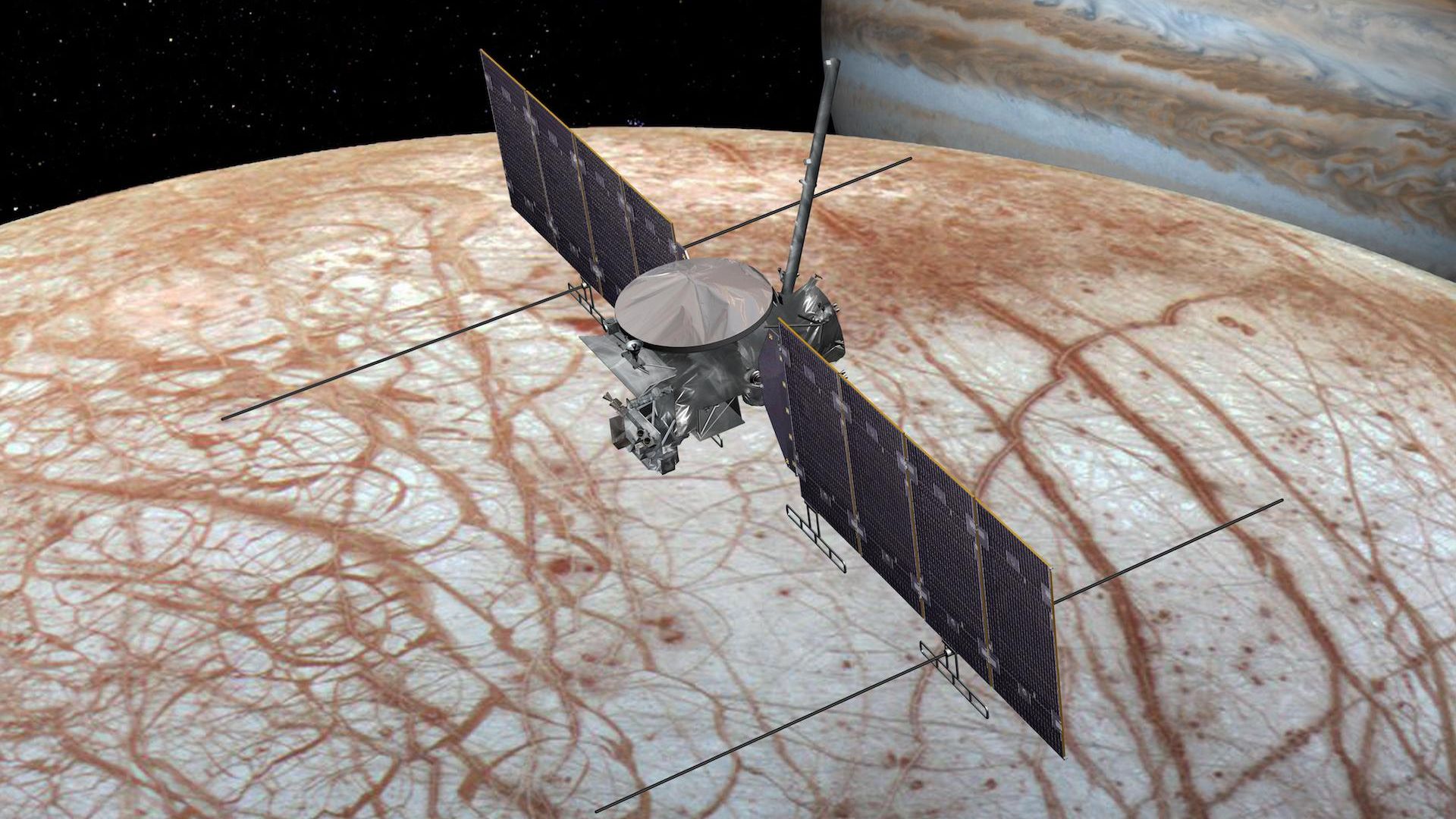 Artist's illustration of the Europa Clipper orbiter over Europa.