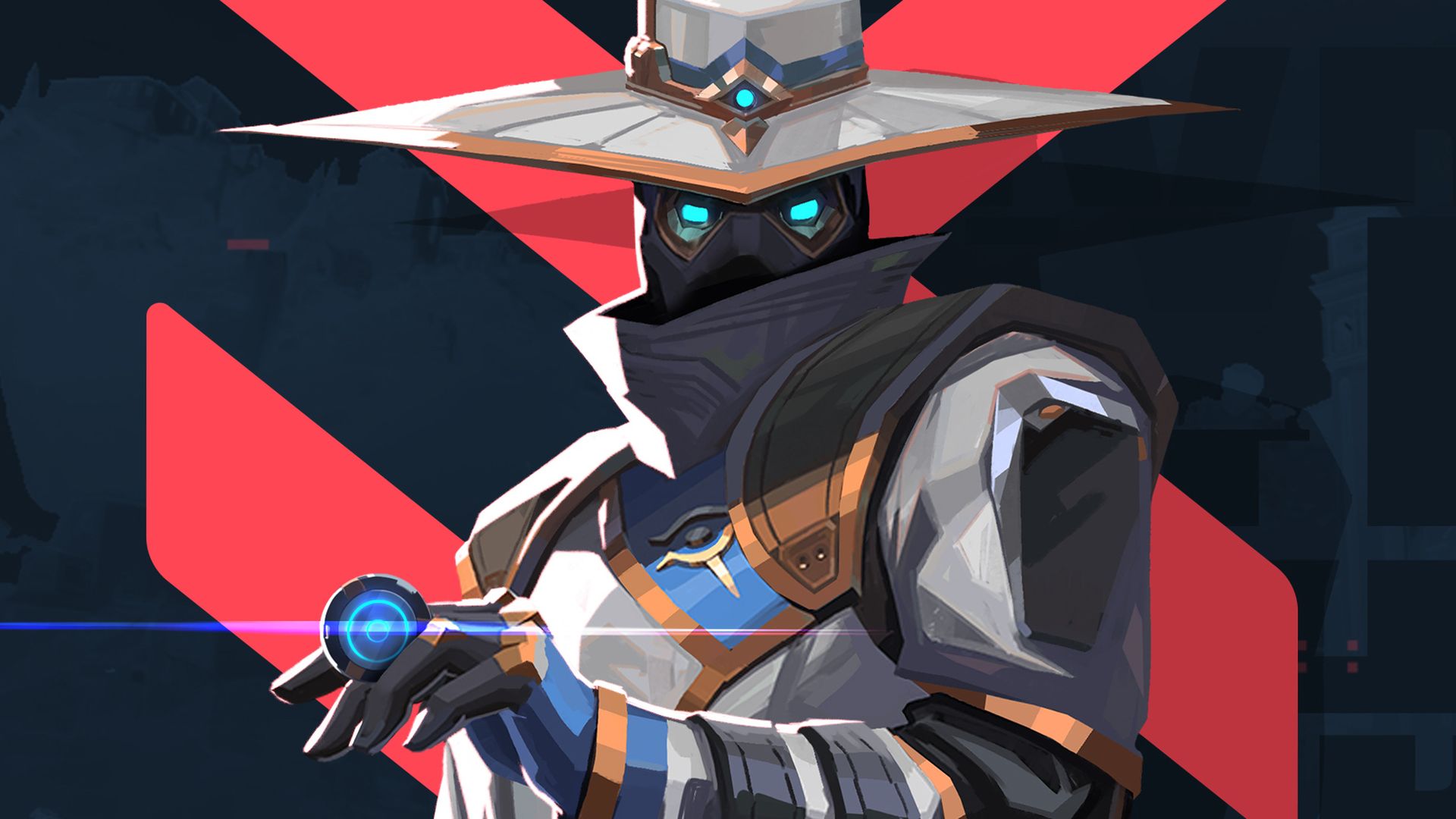 Art from the game Valorant, showing a masked figure with a big hat.
