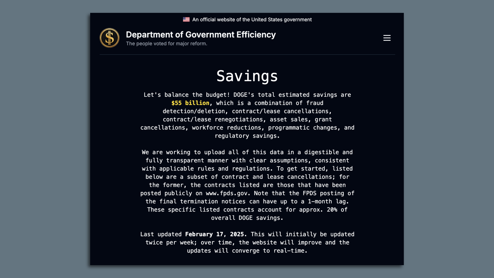 Screen shot of DOGE website that outlines how much the Elon Musk-led agency has "saved" in government spending so far