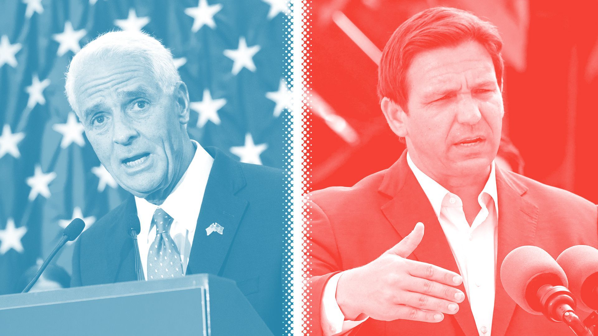 Photo illustration of Charlie Crist, tinted blue, and Ron DeSantis, tinted red, separated by a white halftone divider.