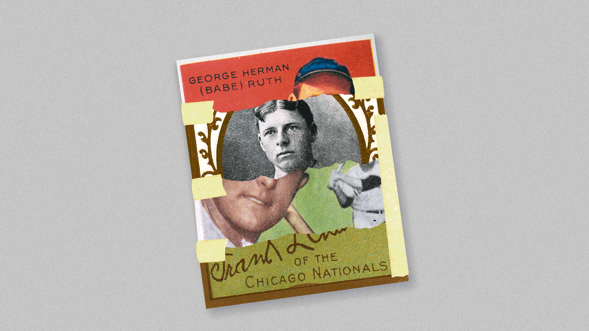 Illustrated collage of several of baseball cards from different eras taped together into a single card. 