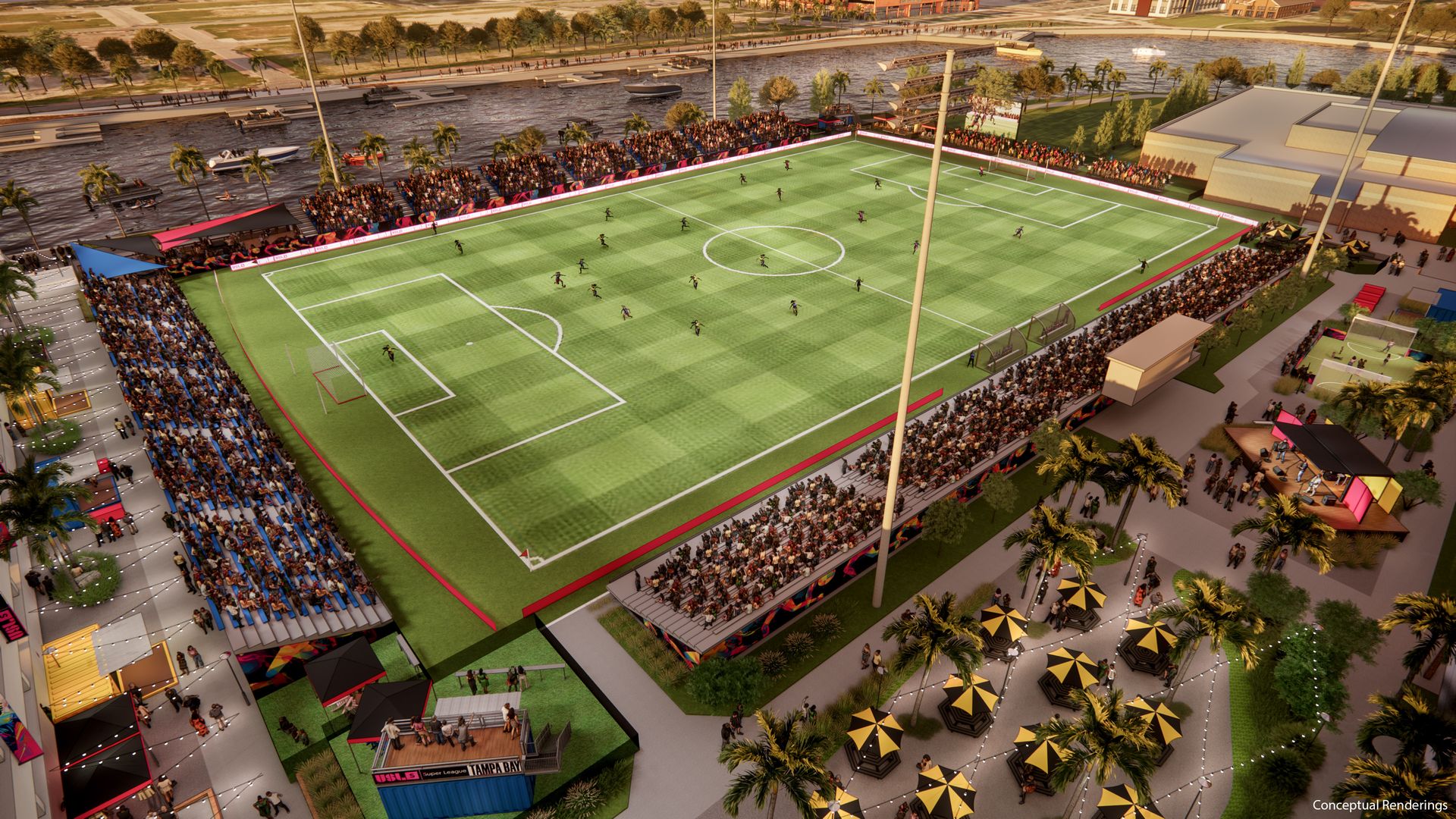 A rendering of a soccer field on a river with players on the field and fans filling up the stands.