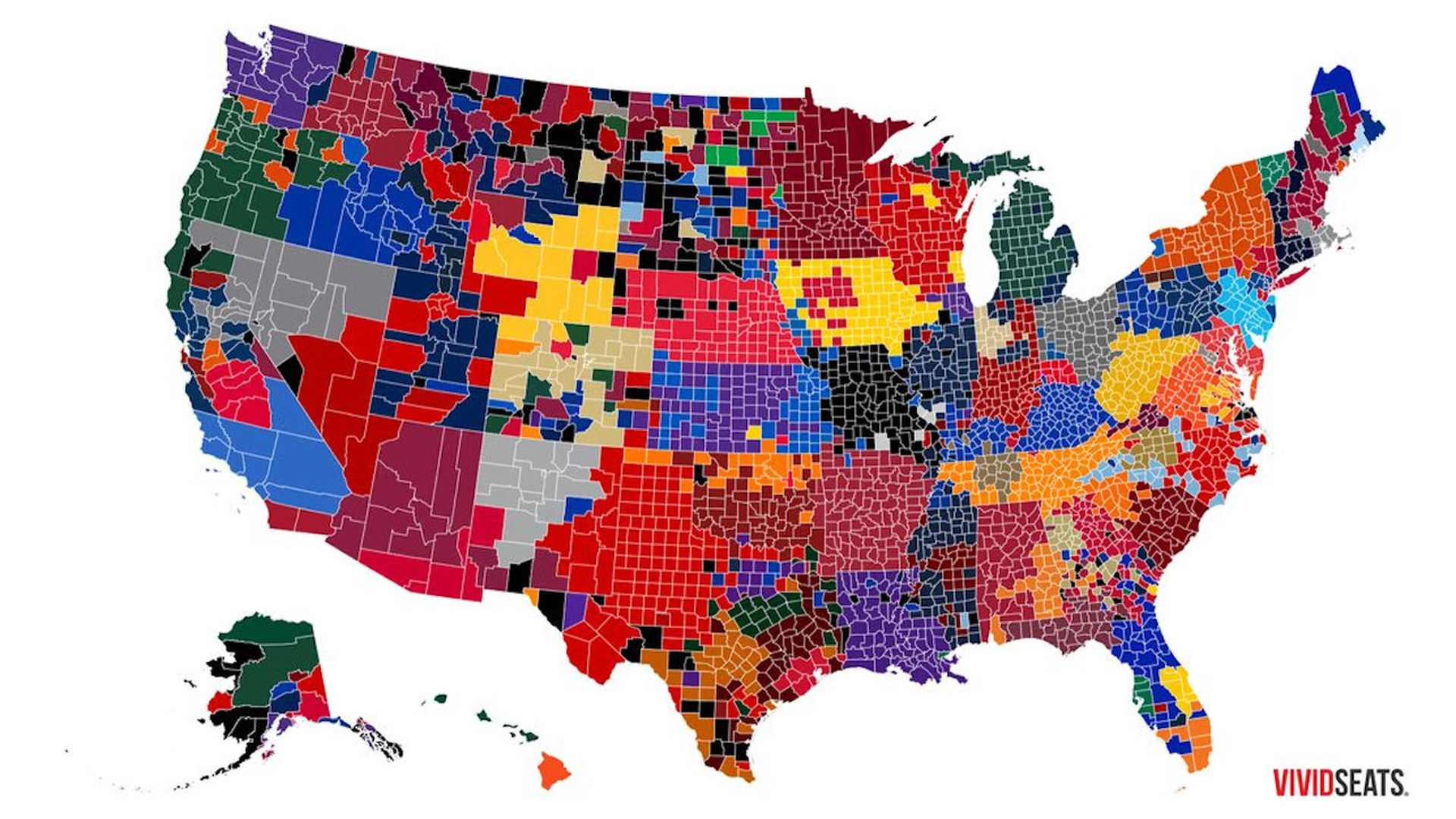 Map of the country highlighted by college basketball affiliation
