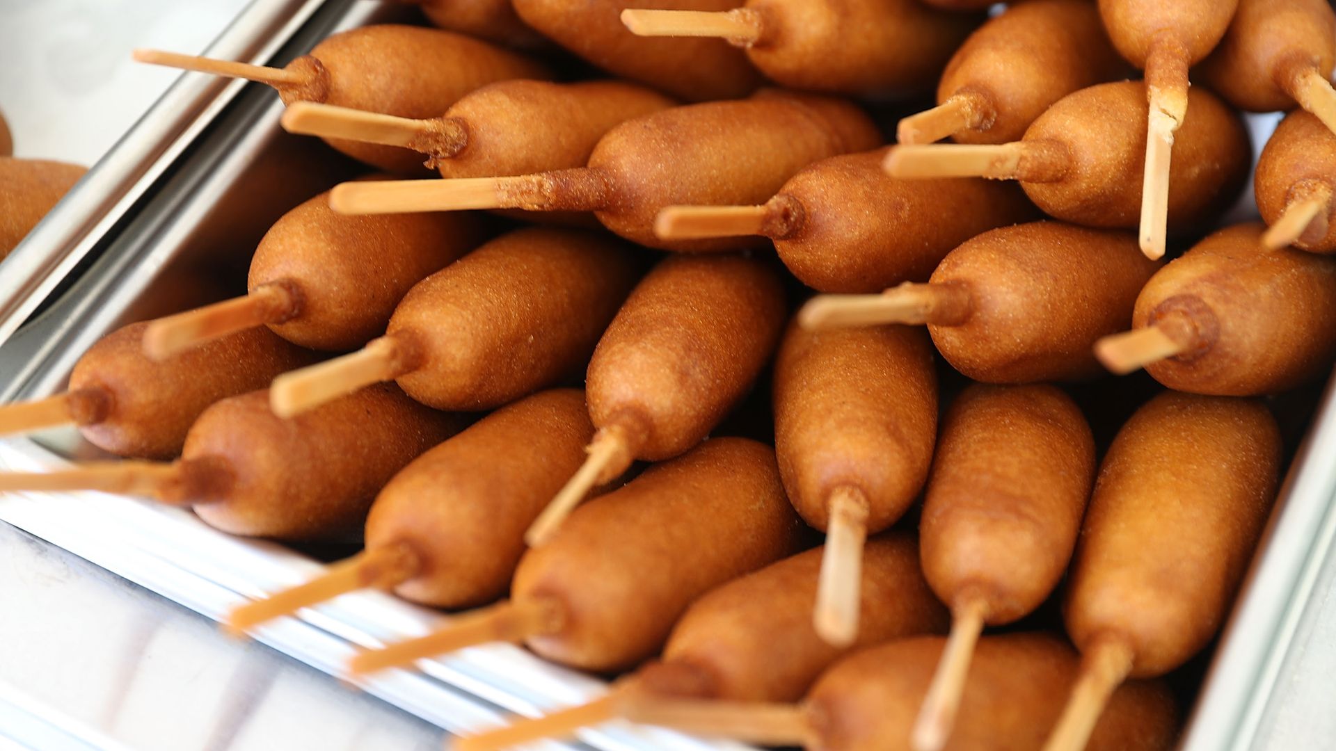 Corn dogs arranged on a tray at the American Meat Institute’s Hot Dog Lunch in the Rayburn courtyard.