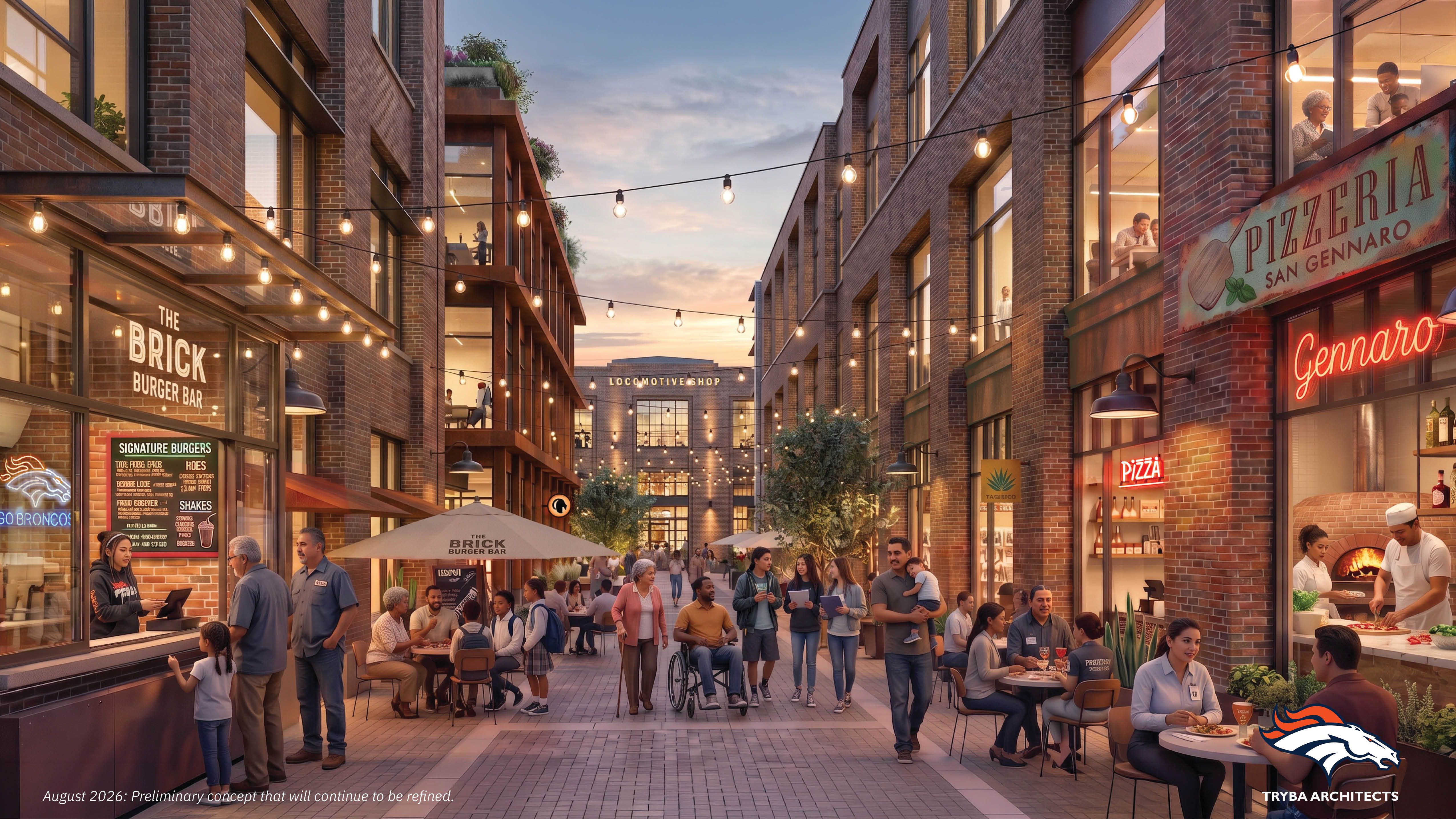 Busy outdoor street at dusk with brick buildings, string lights, and groups of people dining and chatting. Signs read "The Brick Burger Bar" and "Pizzeria" with warm interior glow.