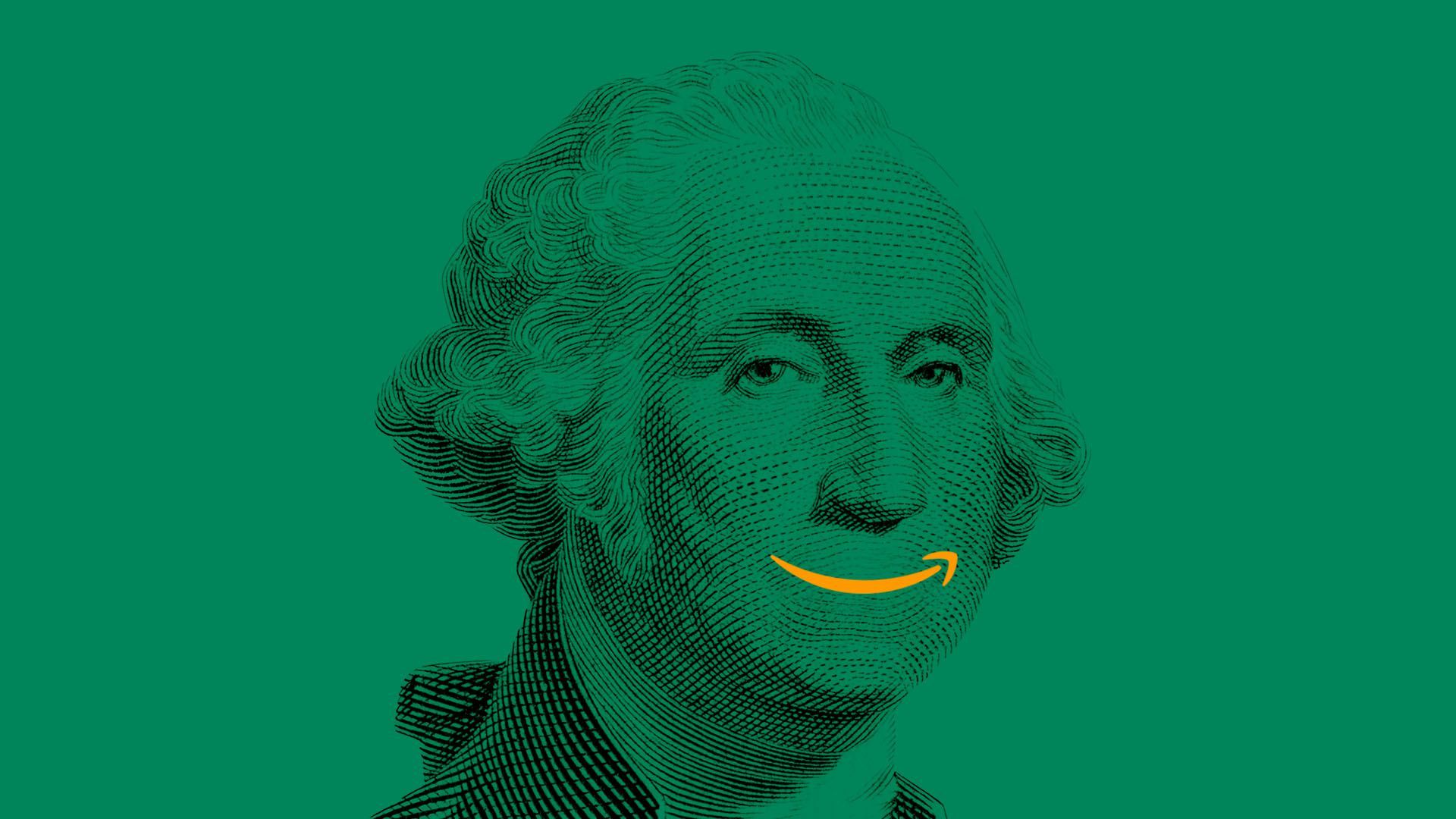 An illustration of George Washington with an Amazon smile logo as his mouth.
