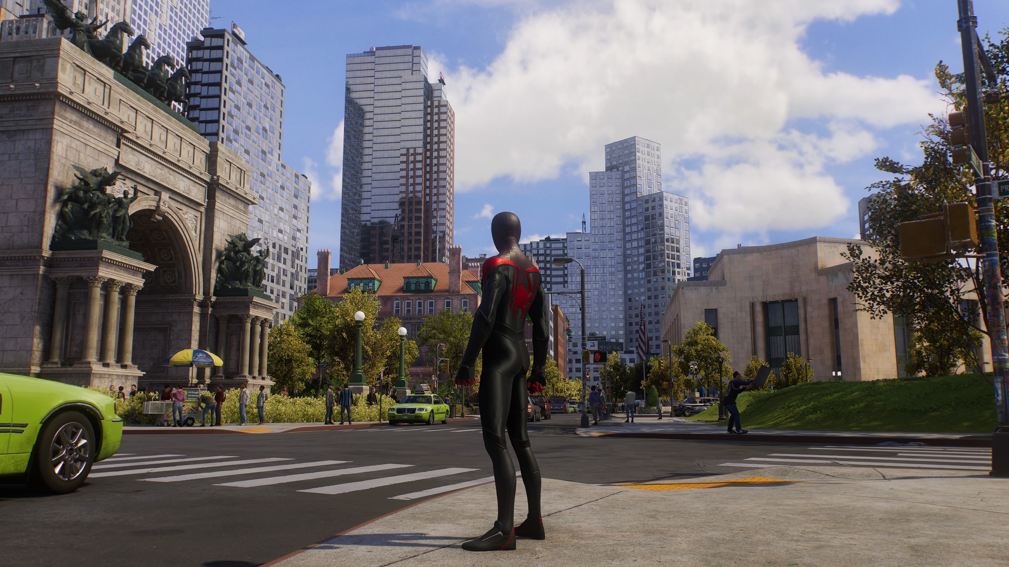 Video game screenshot of Brooklyn's Grand Army Plaza, showing an intersection with the cured facade of the Brooklyn Public Library in the background