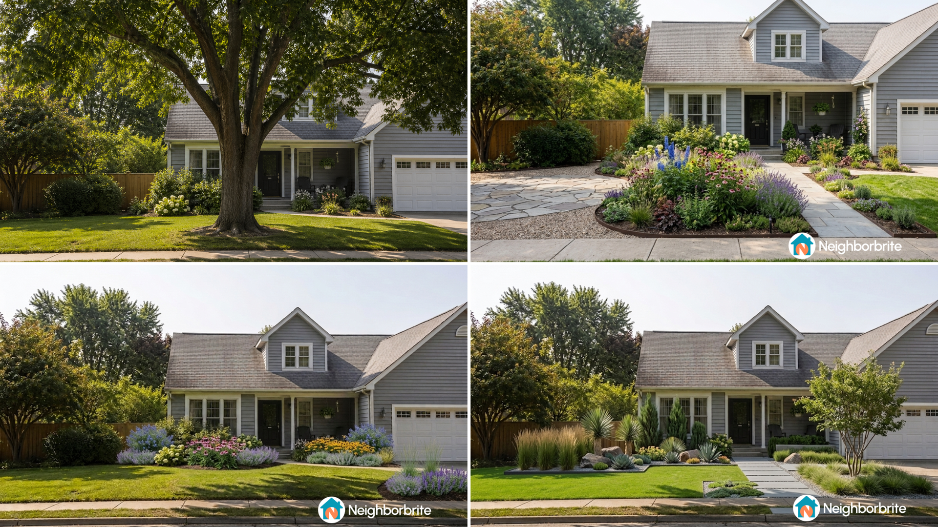 four photos of the same house front yard are shown. one is the real photograph, three are design variations in different styles