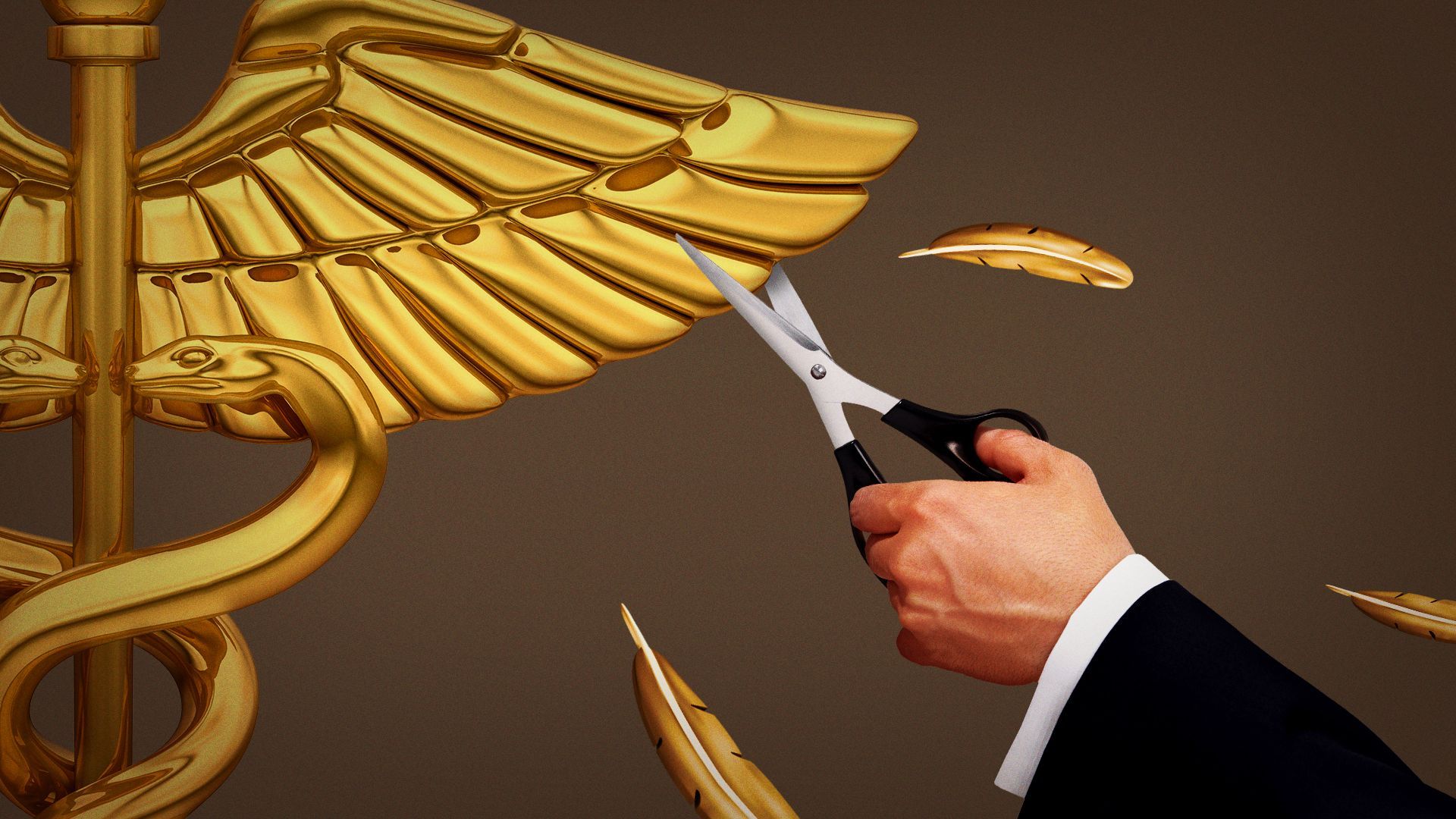 Illustration of a hand clipping a caduceus' wings.