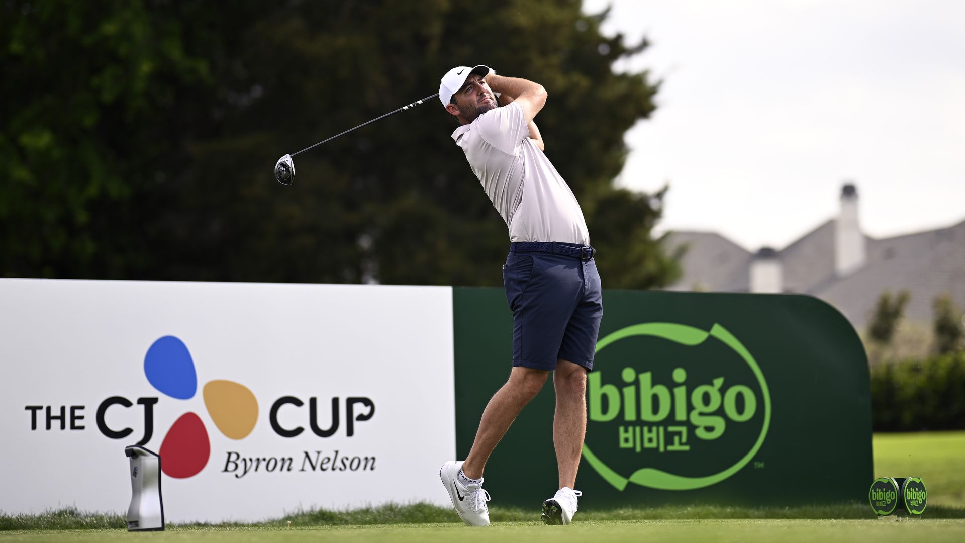 Golfer Scottie Scheffler in a backswing after teeing off at the CJ Cup Byron Nelson in McKinney