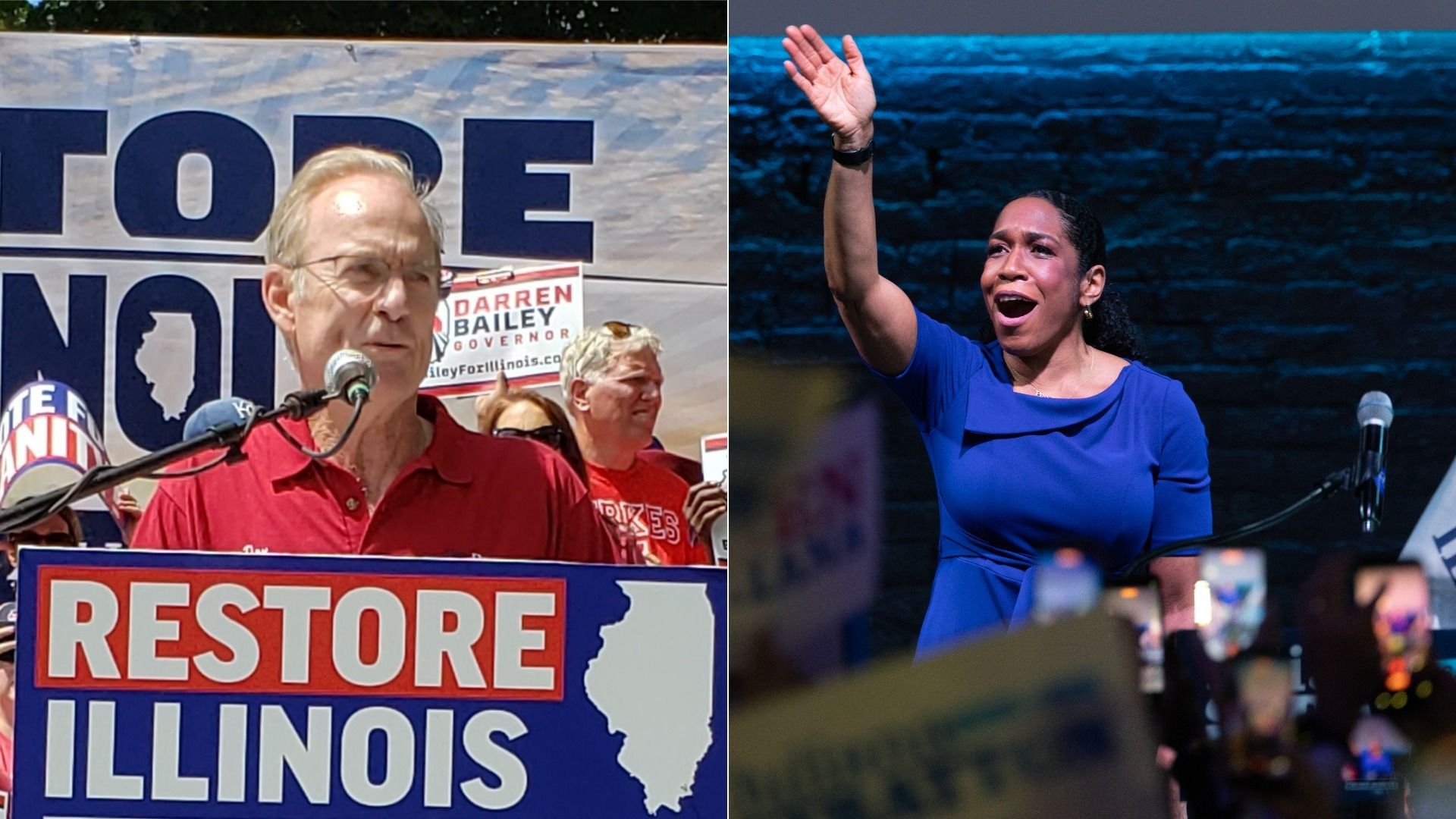 Split image: left shows an older man in a red polo at a microphone with a RESTORE ILLINOIS sign; right shows a woman in a royal blue dress on stage, hand raised, addressing a cheering crowd.