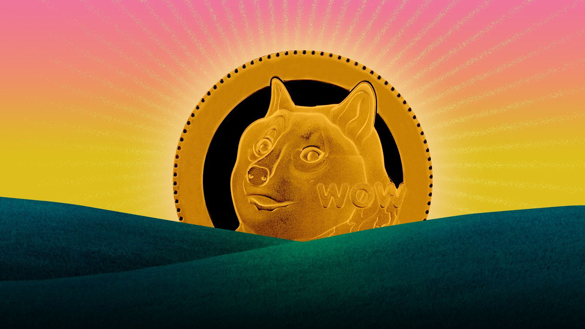 Illustration of a Dogecoin as the sun in a sunrise.