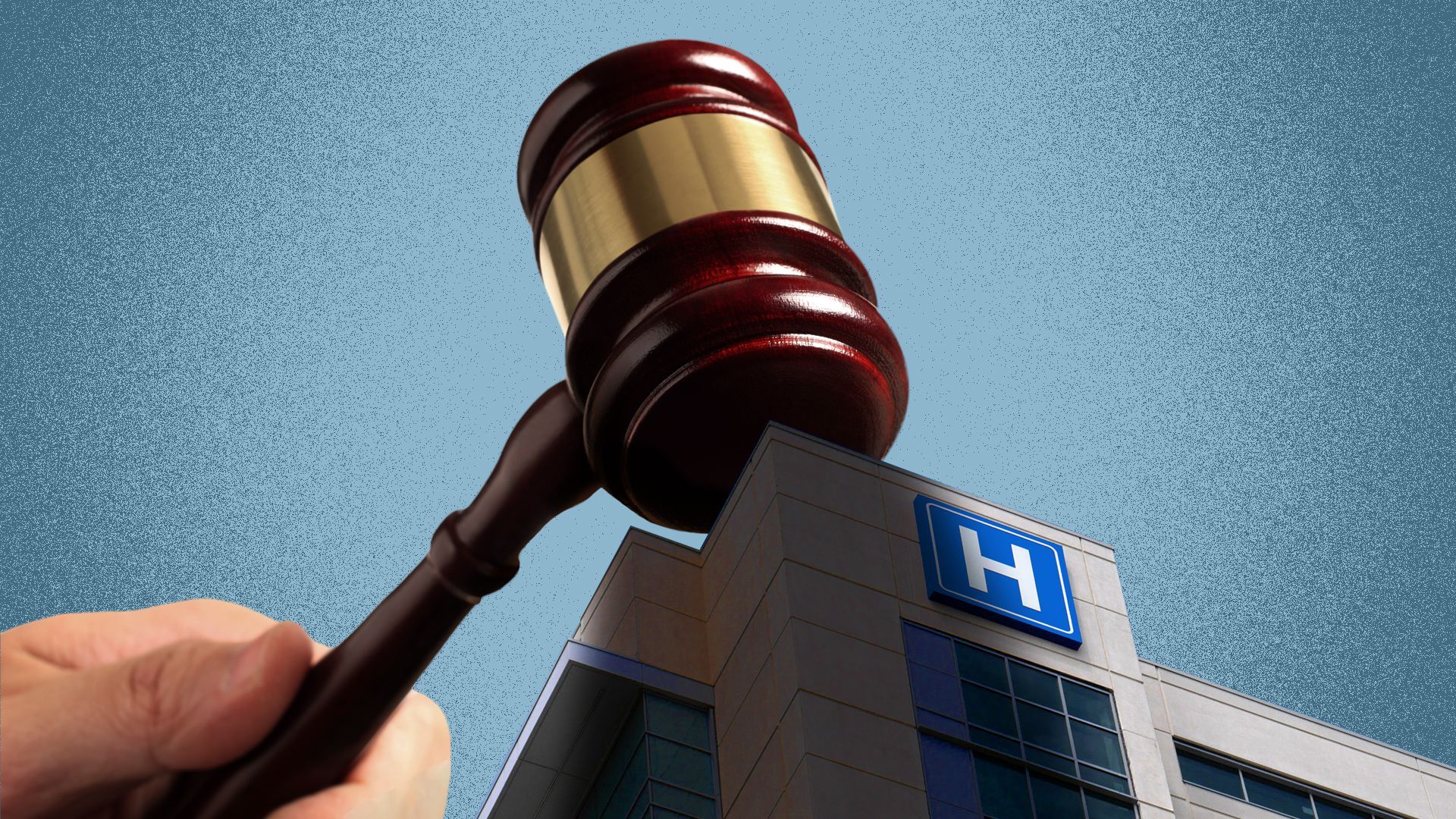 Illustration of a gavel coming down on a hospital. 
