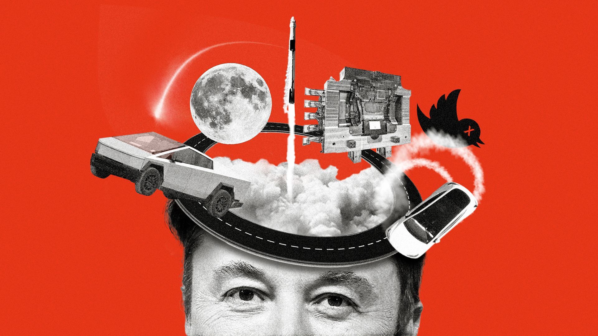 Photo Illustration of Elon Musk with his head open and containing a cybertruck, tesla, a circular roadway, a spacex rocket, the twitter logo, a shooting star and gigacasting equiptment
