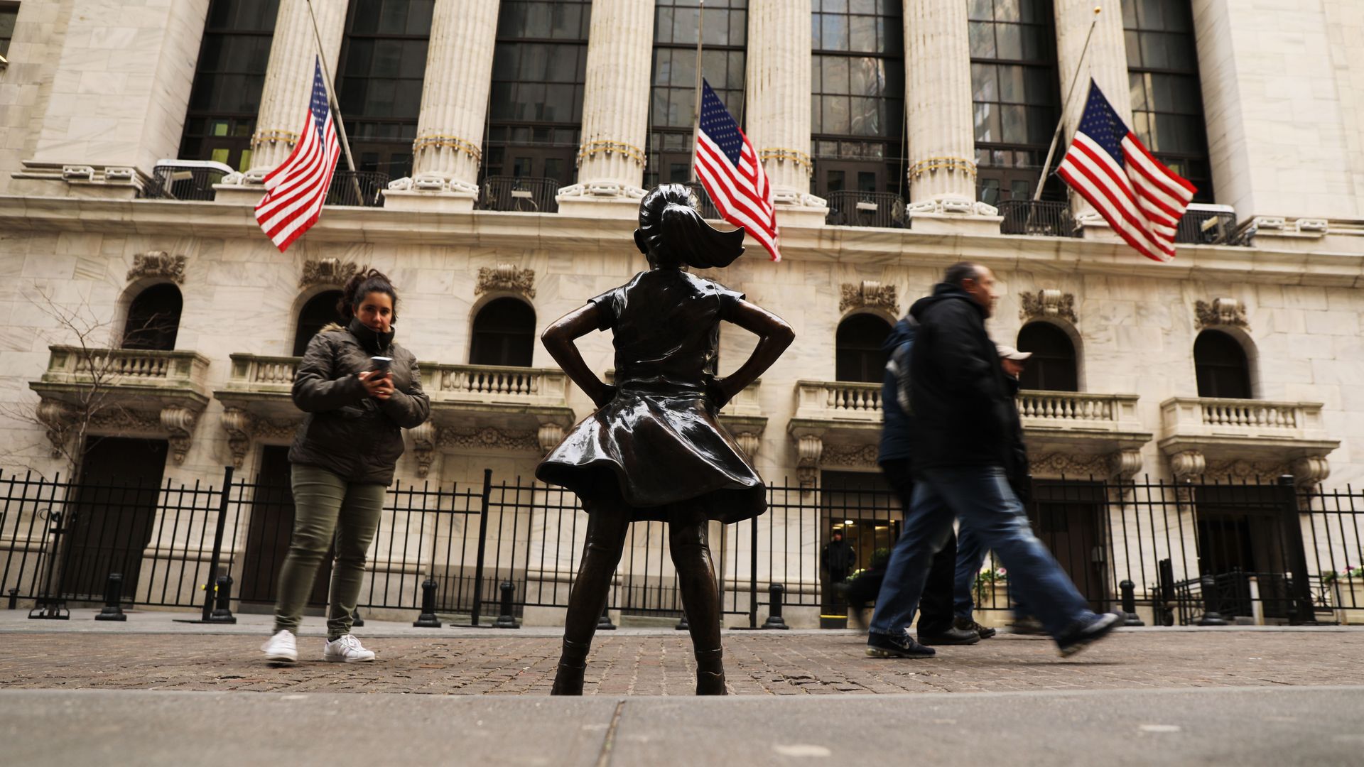 The statue of the fearless girl outside of the New York stock exchange.