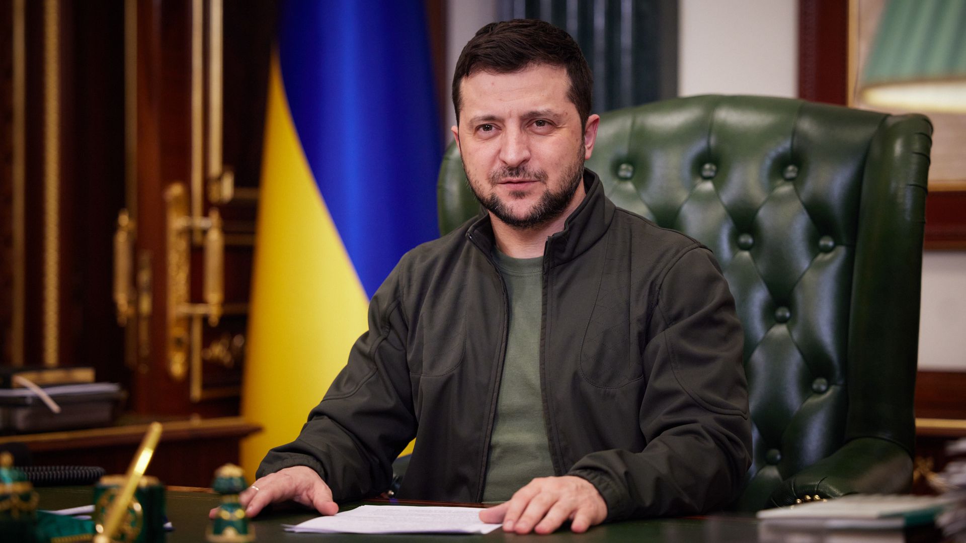 Ukrainian President Volodymyr Zelenskyy makes a speech on evaluation the 22nd day of the Russia-Ukraine war during virtually addressing in Kyiv, Ukraine on March 17, 2022