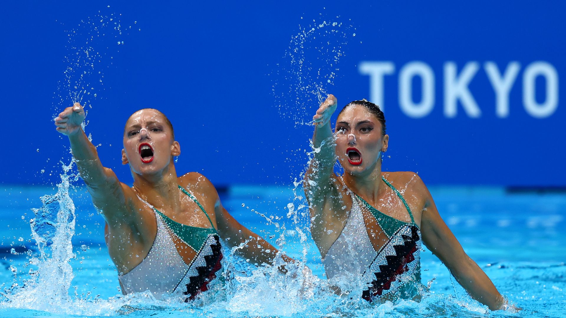  Maria Alzigkouzi Kominea and Evangelia Papazoglou of Team Greece compete in the Artistic Swimming Duet Free Routine Preliminary on day ten of the Olympic Games on August 02, 2021 in Tokyo, Japan.