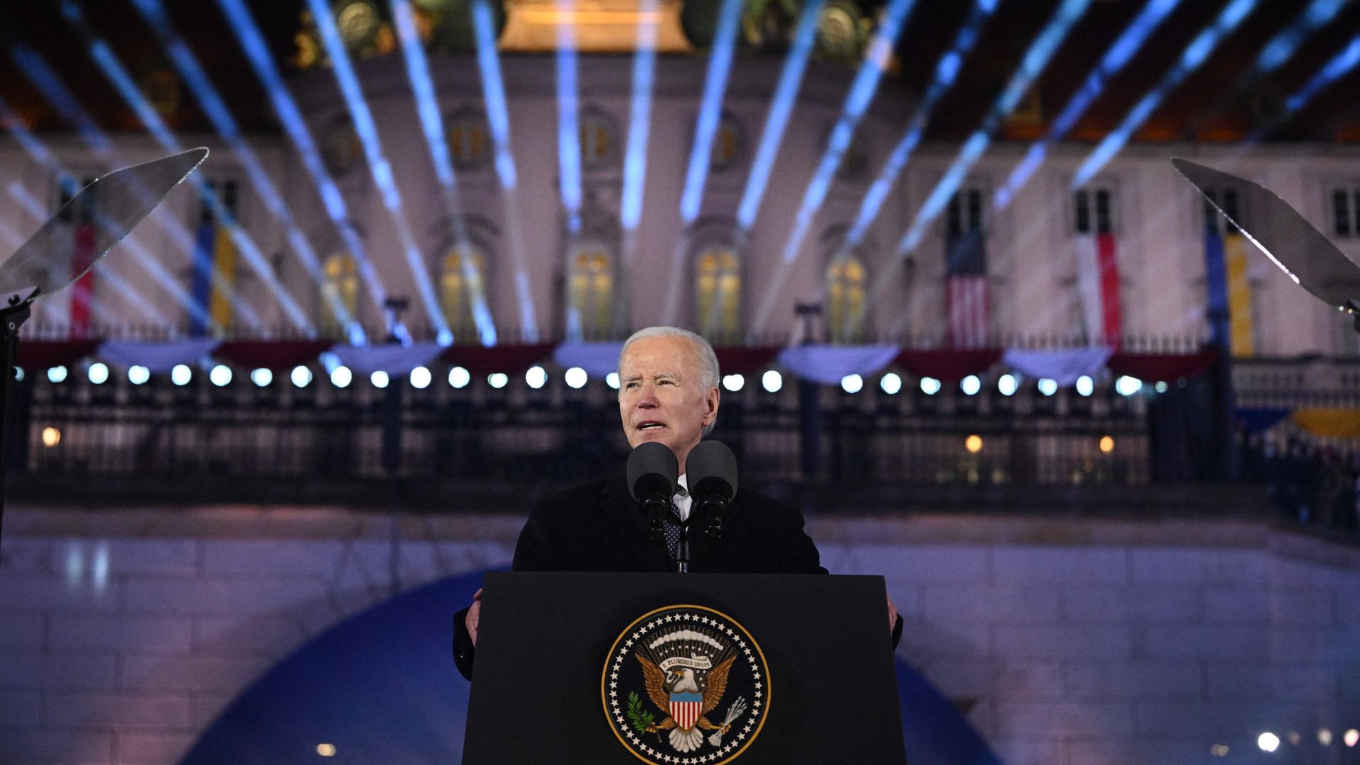 US President Joe Biden delivers a speech at the Royal Warsaw Castle Gardens in Warsaw on February 21, 2023.