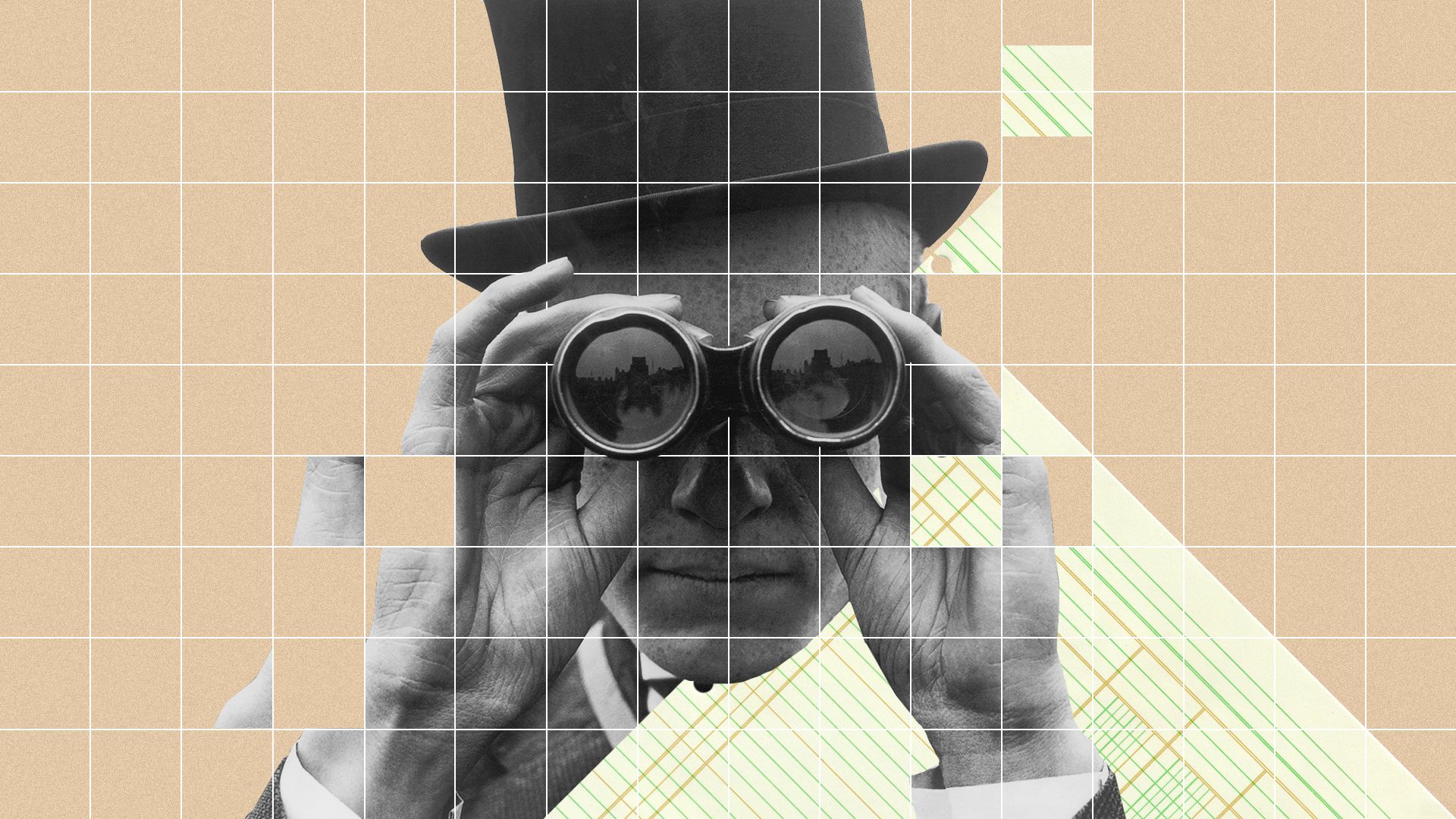 Illustrated collage of a man using binoculars looking directly at the viewer. 