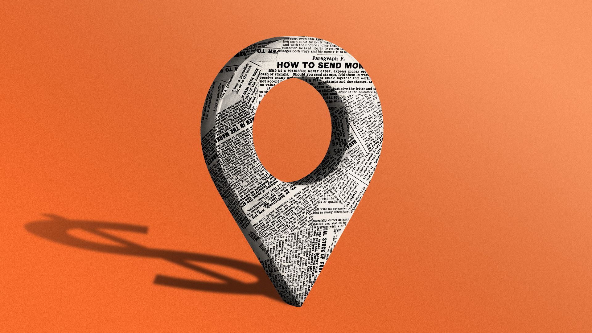 Illustration of a newspaper-covered location icon casting a dollar sign shadow