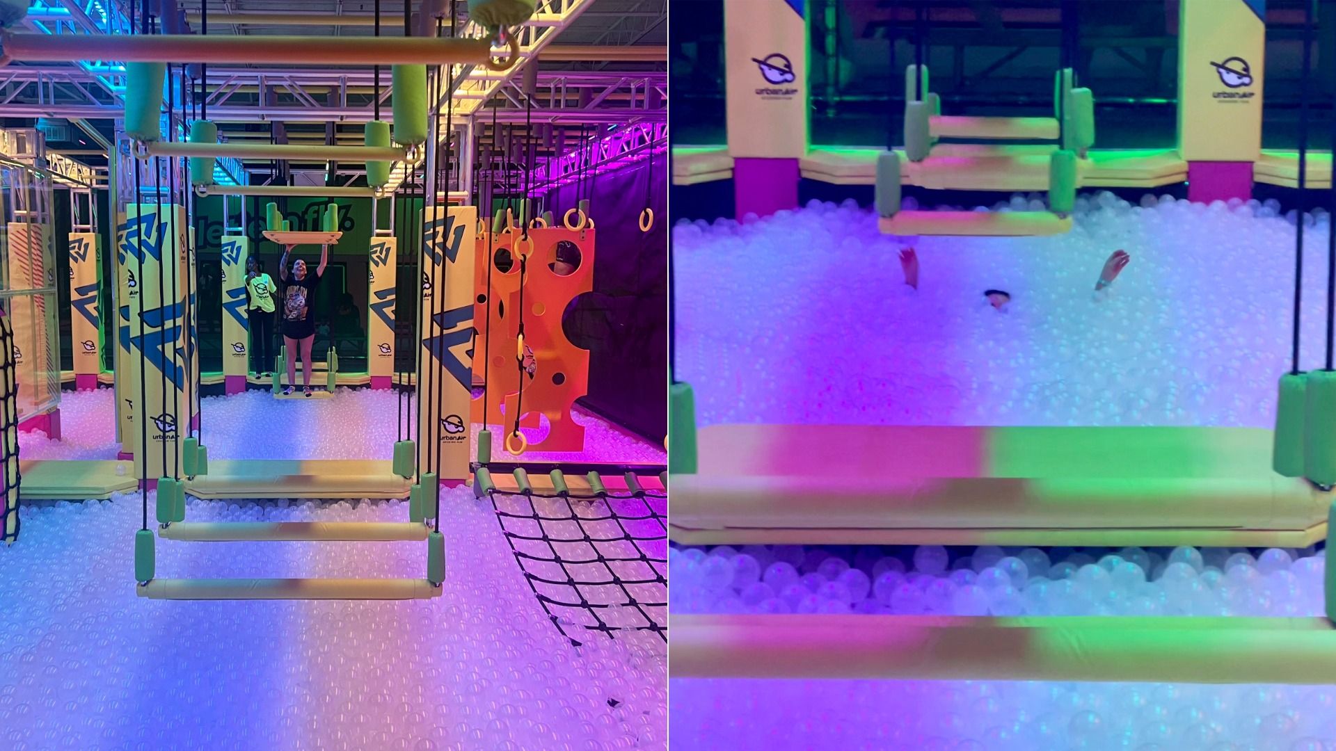 two side by side pics. one is a person attempting to get on a suspended swing. the second is her falling into a ball pit with her hands up