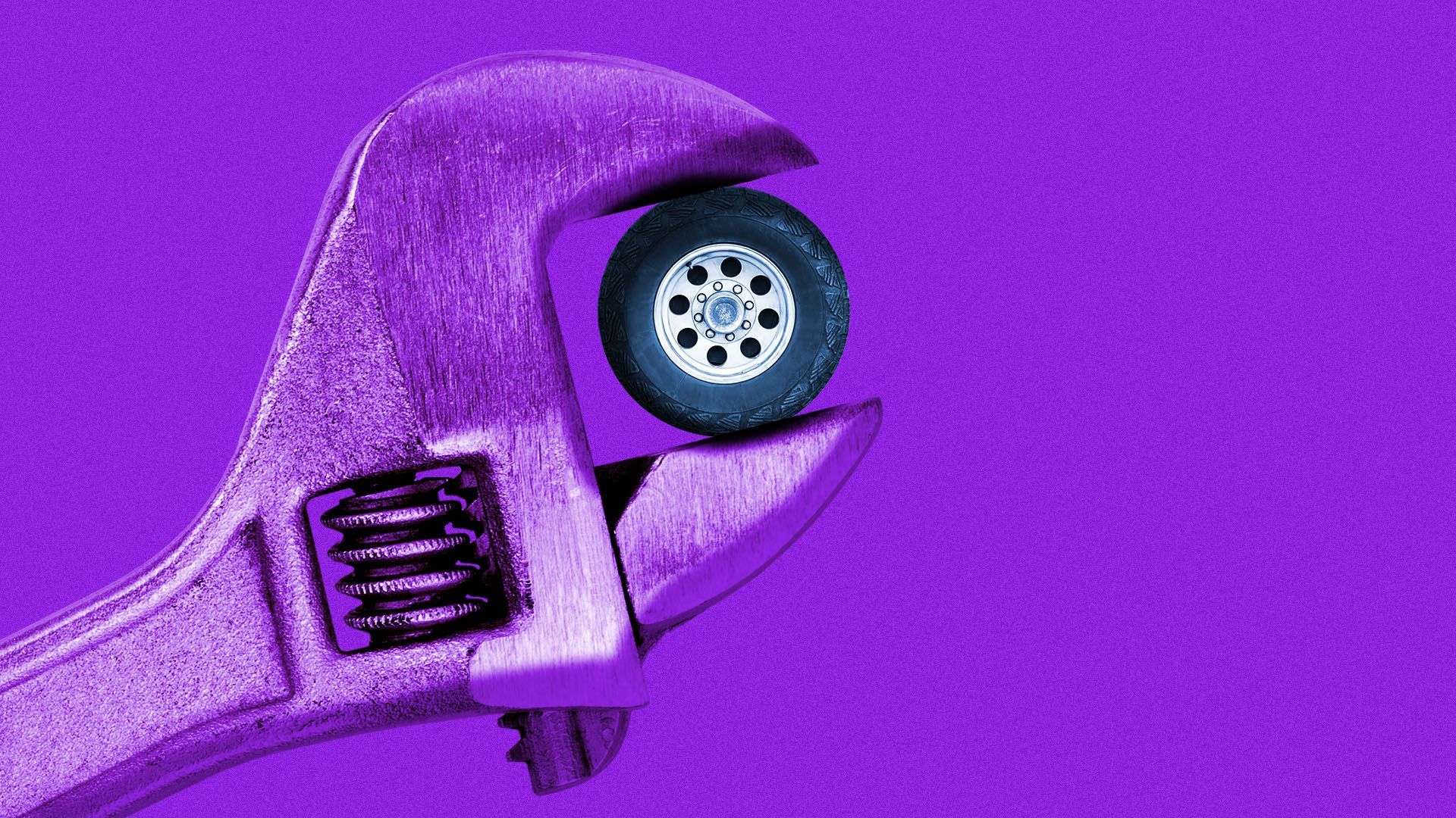 Illustration of a giant wrench turning a small tire