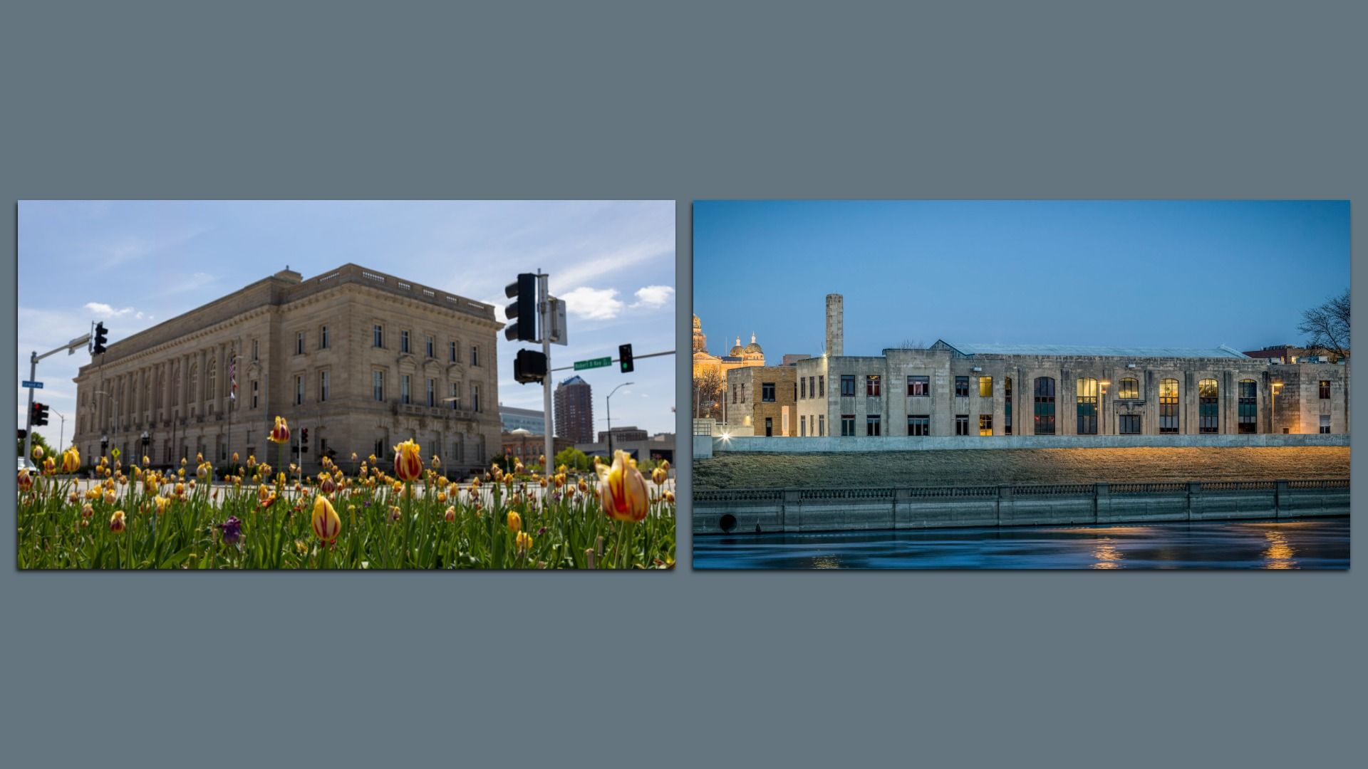A photo of the Armory Building and City Hall in Des Moines.