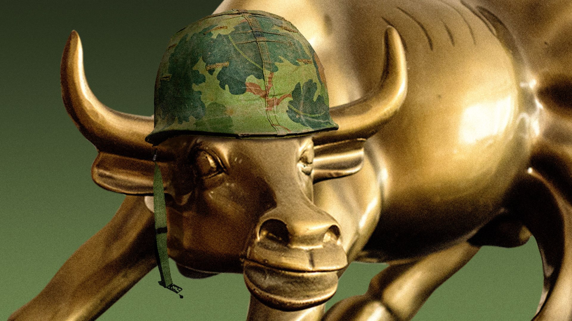 Illustration of the Wall Street bull wearing a combat helmet.