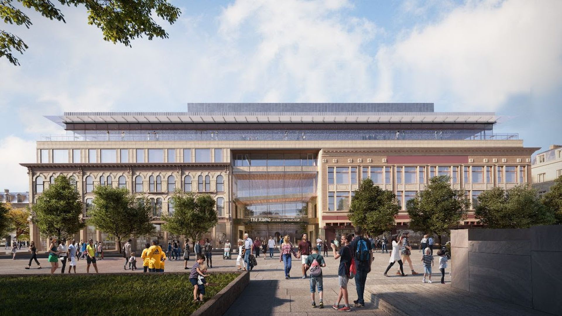 A rendering of a multi-story building lined with trees. 