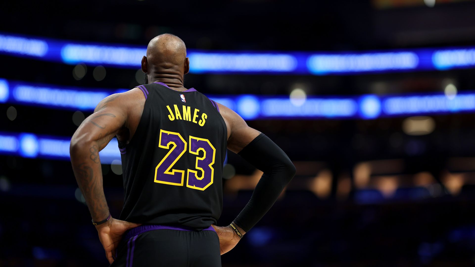 LeBron James in black jersey #23.