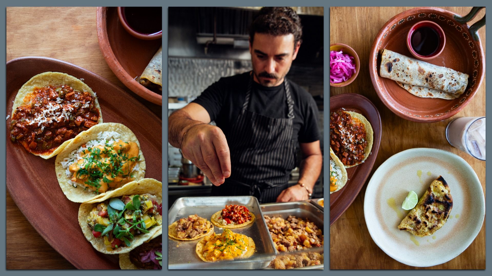 Triptych: center shows a chef in black with a striped apron reaching into a pan; left and right panels feature tacos with salsa, cheese, cilantro on wooden tables.