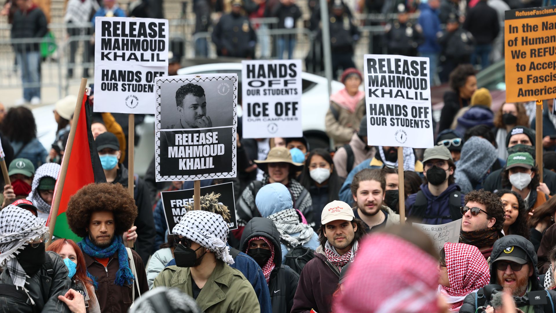 People gather outside of a New York court to protest the arrest and detention of Mahmoud Khalil 