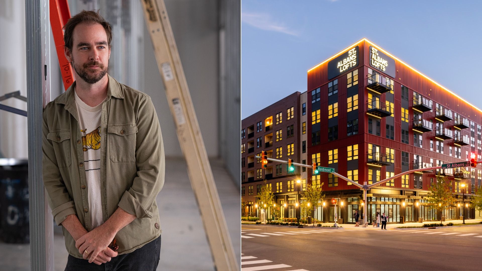 Split image: left shows a bearded man in a khaki shirt leaning on a wall with a ladder behind him; right shows a red-brick loft building with lit windows and the sign "St Albans Lofts" at dusk.