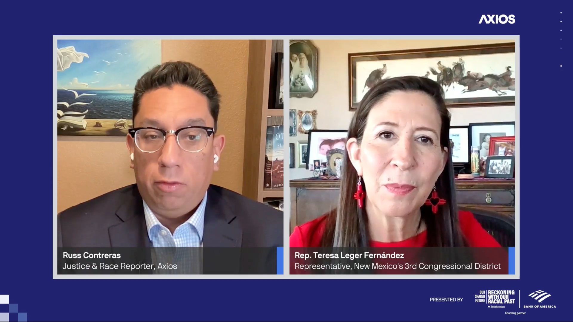 Screenshot of an Axios event, Axios race and justice reporter Russell Contreras is on the left of the screen and Rep . Teresa Leger Fernandez is on the right