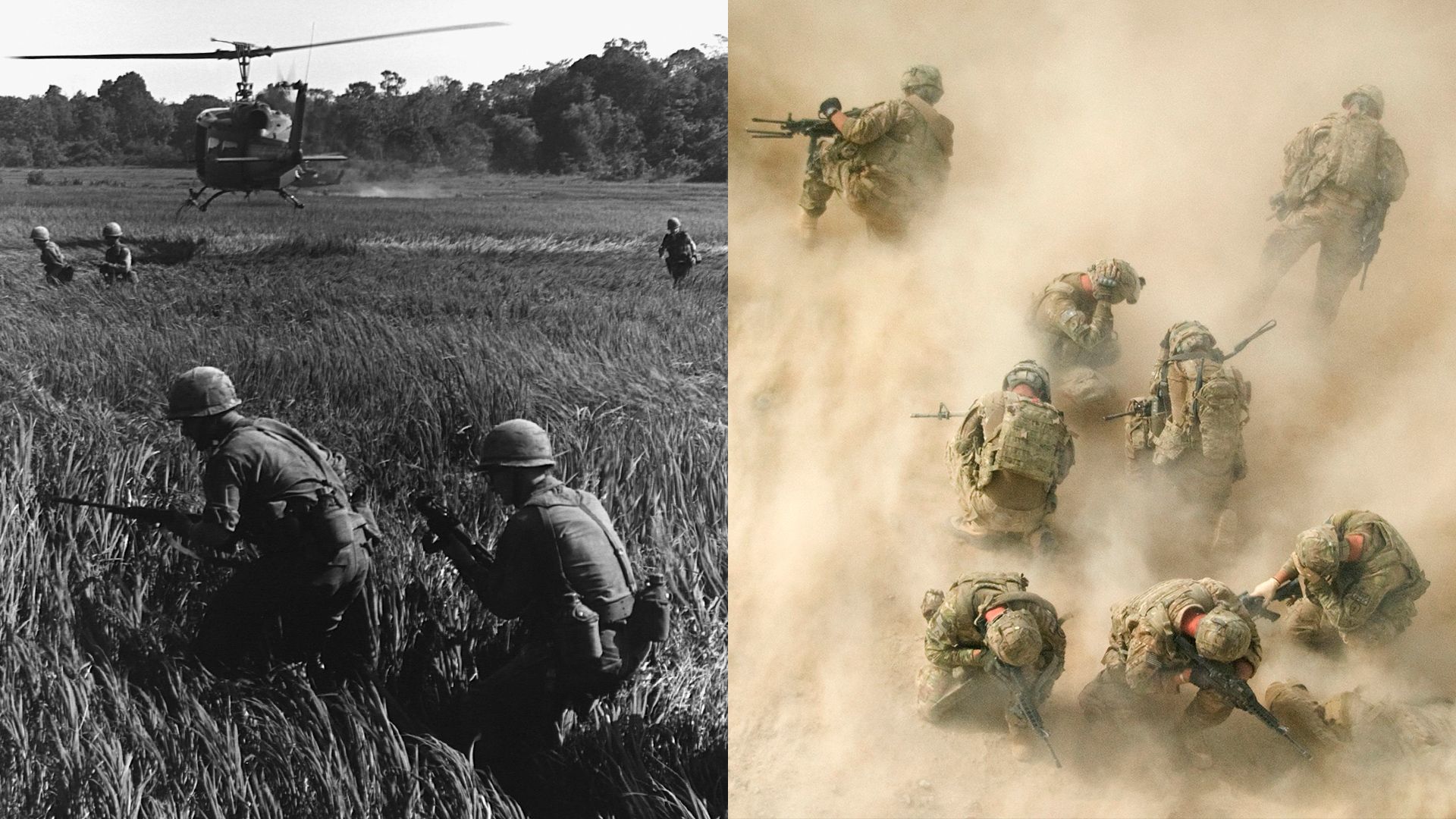 Side by side photos from the Vietnam and Afghanistan wars, showing soldiers being deployed. 