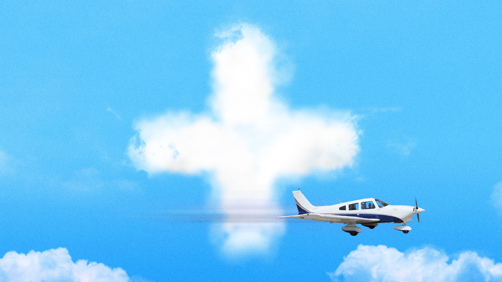 Illustration of a health cross-shaped cloud, with a small plane flying by. 