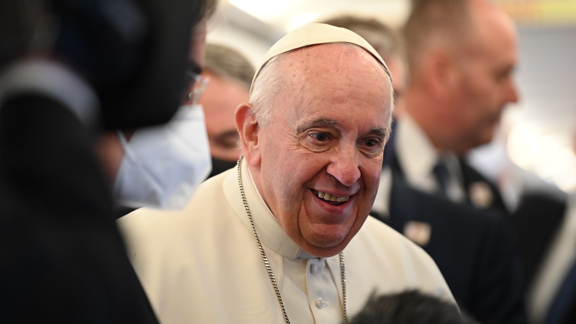  Pope Francis speaks to journalists on a plane in Malta, Valletta.